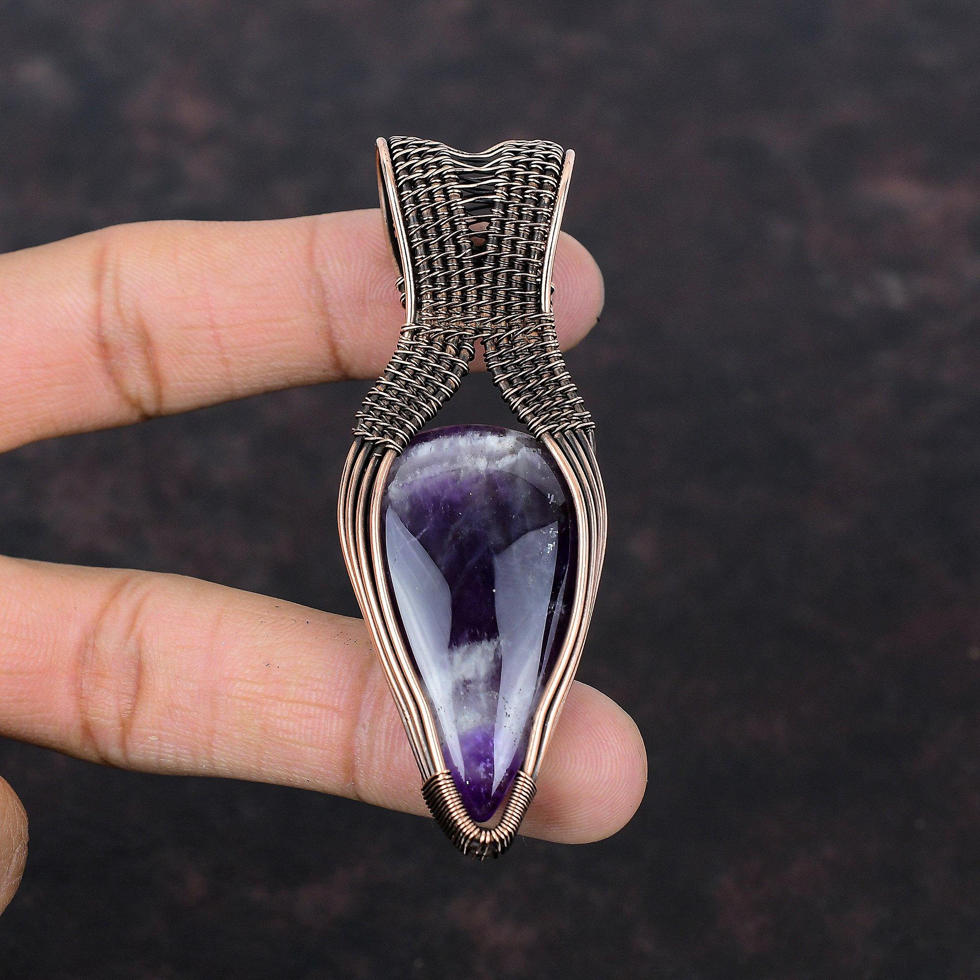 Подвеска из меди с аметистом и шевроном, обернутая медной проволокой, оригинальная подвеска из драгоценных камней, подвеска из медной проволоки, ювелирное изделие ручной работы, подарок на годовщину