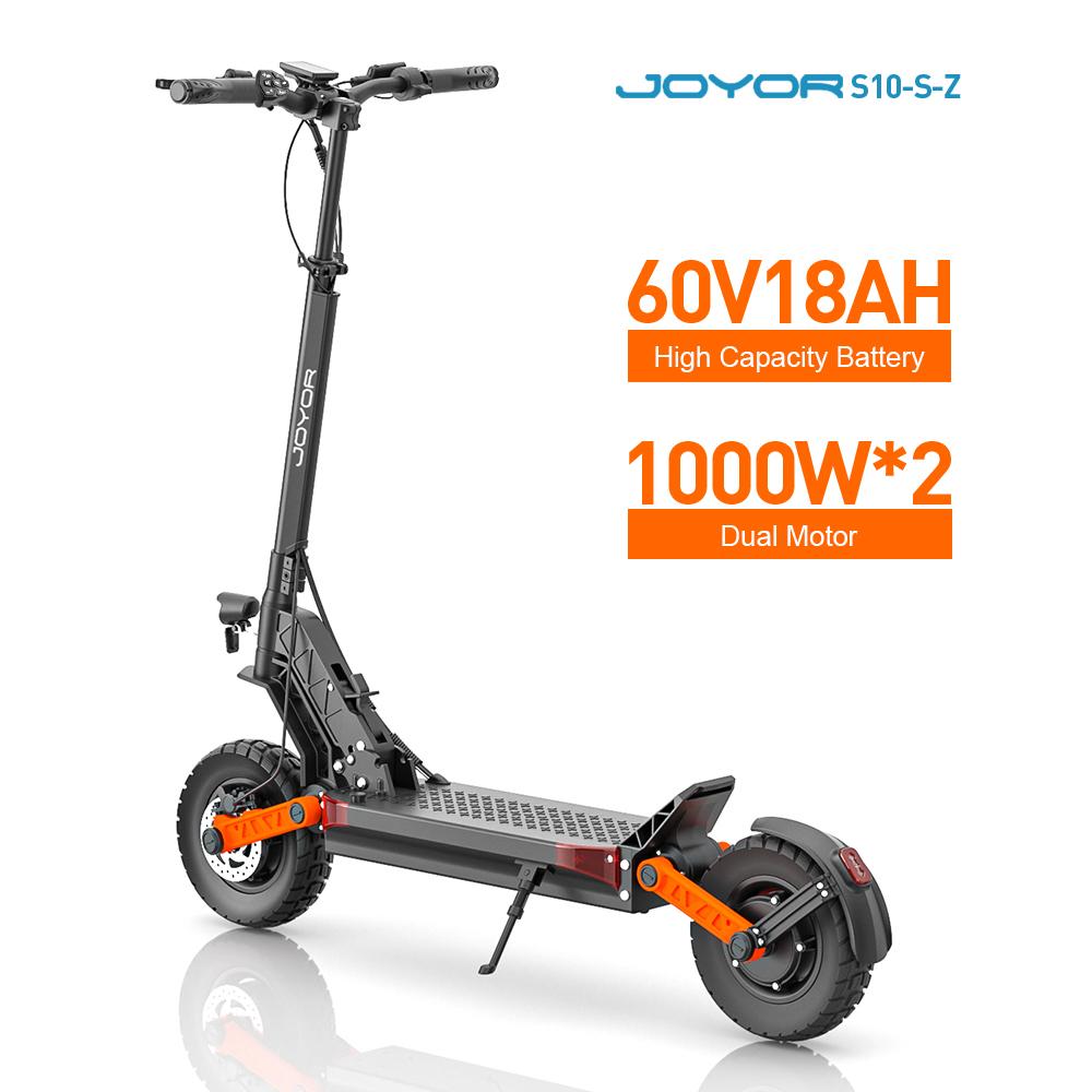 Электросамокат JOYOR S10-SZ, аккумулятор 60 В, 18 Ач, двойной двигатель мощностью 1000 Вт, шины 10 дюймов, взрослый эскутер, максимальная скорость 65 км/ч, запас хода 70–85 км, черный