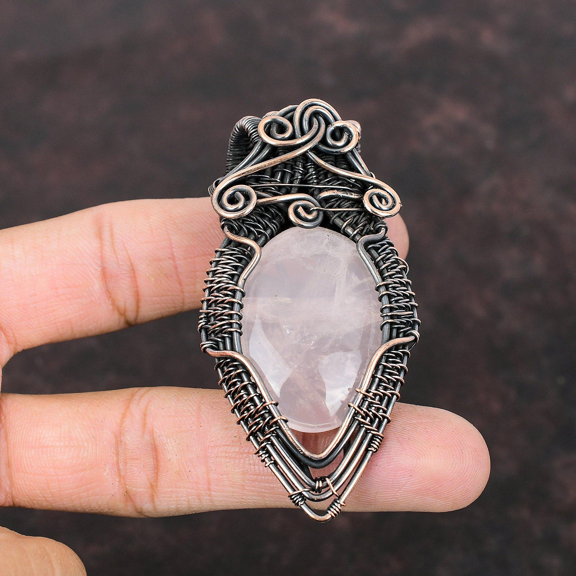 Rose Quartz Pendant Copper Wire Wrapped Pendant Gemstone Jewelry Handmade Pendant Rose Quartz Copper Jewelry For Gift Latest Design Pendant