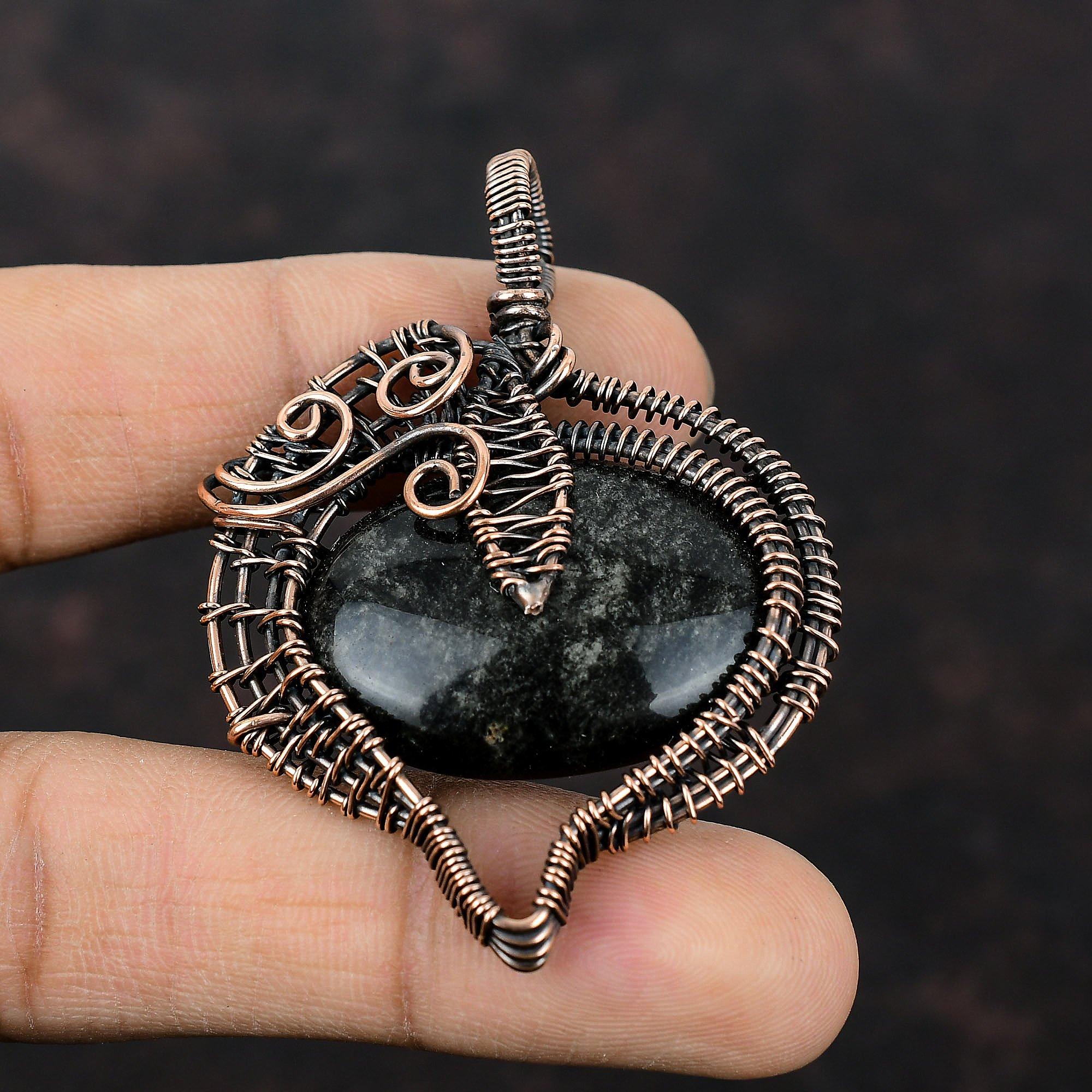 Серебряный блестящий обсидиановый кулон, обернутый медной проволокой, натуральный драгоценный камень, ювелирное изделие ручной работы, обернутый медной проволокой, ювелирное изделие в подарок для матери