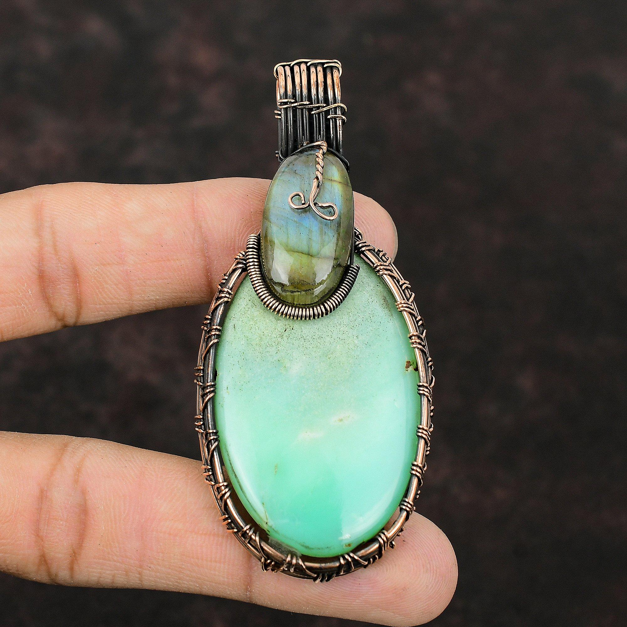 Подвеска с хризопразом, медная проволока, кулон, ювелирное изделие из лабрадорита, подарок для нее, кулон ручной работы, драгоценный камень, медные украшения, кулон из проволочной обмотки