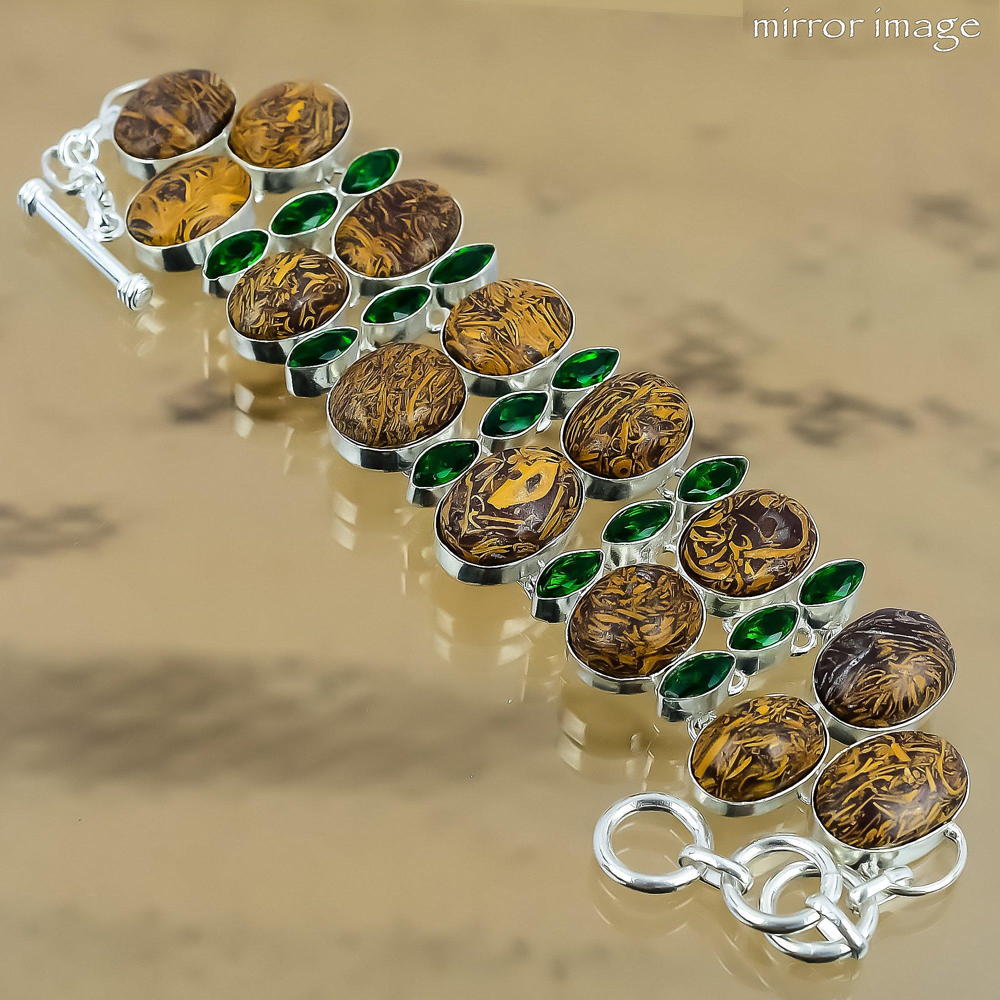 Oval Mariam Jasper Gemstone Chrome Diopside 925 Silver Trendy Chain New Bracelet