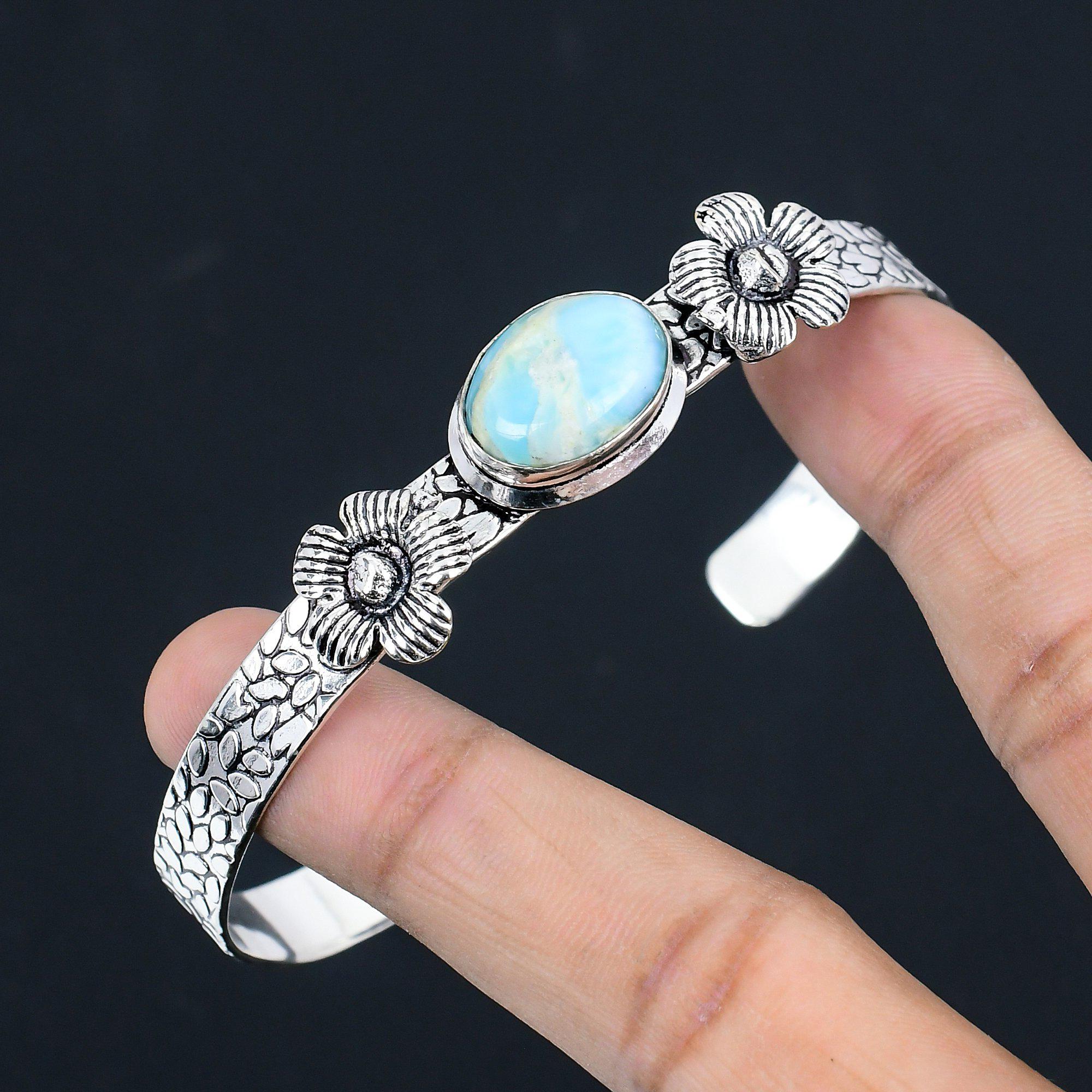 Браслет-манжета из стерлингового серебра 925 пробы с овальным камнем ларимаром, цветок, чакра горла, новый