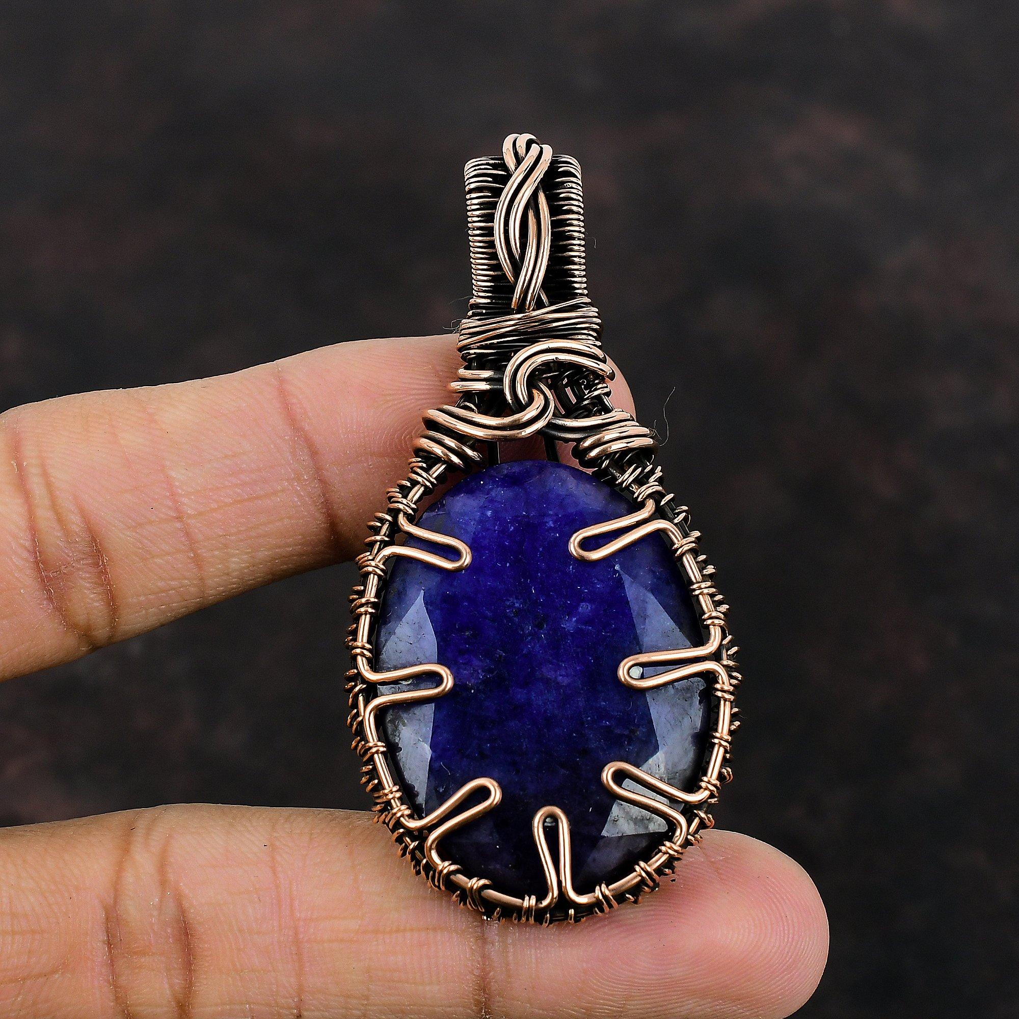 Faceted Blue Sapphire Pendant Copper Wire Wrapped Gemstone Pendant Copper Jewelry Handmade Pendant Designer Jewelry For Gift Stylish Pendant