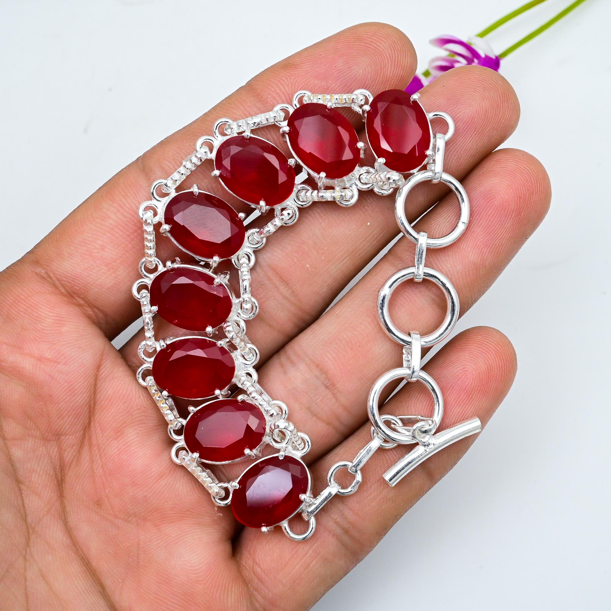 Ruby Jewelry, 925 Solid Sterling Silver Bracelet, Handmade Gemstone Jewelry Bracelet For Memorial Day