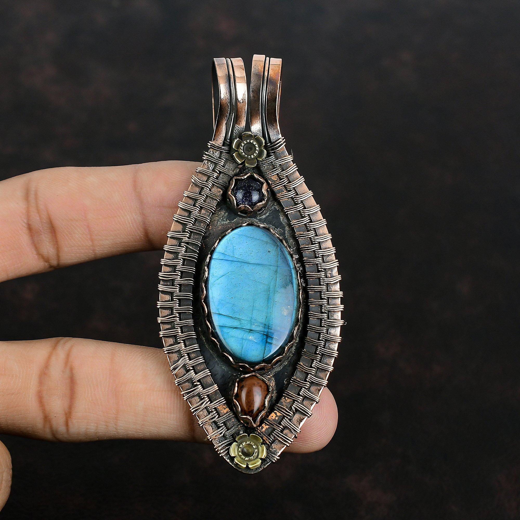 Labradorite Pendant Mahogany Obsidian And Blue Sunstone Pendant Copper Wire Wrapped Pendant Natural Gemstone Handmade Jewelry Gifts For Her