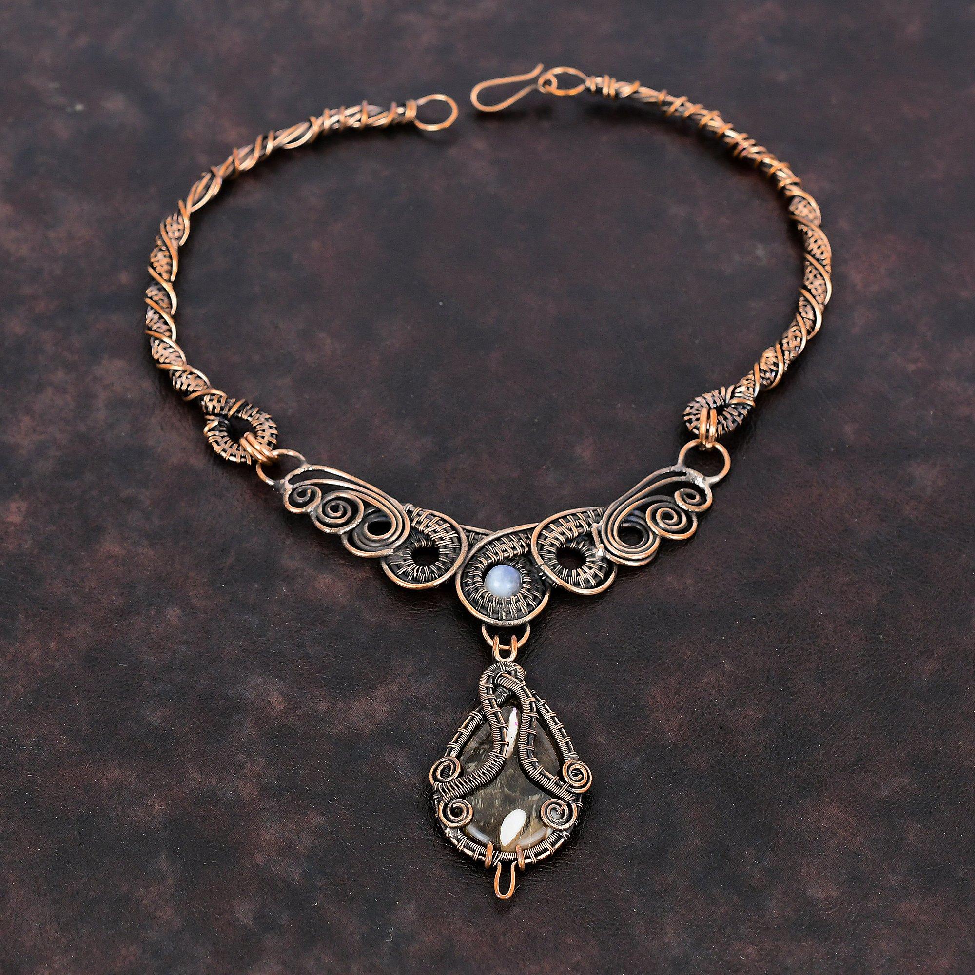 Ожерелье из арахисового дерева и яшмы, ювелирные изделия из медной проволоки, ожерелье из настоящего драгоценного камня, медное ожерелье ручной работы, проволочная обмотка, ожерелье из радужного лунного камня