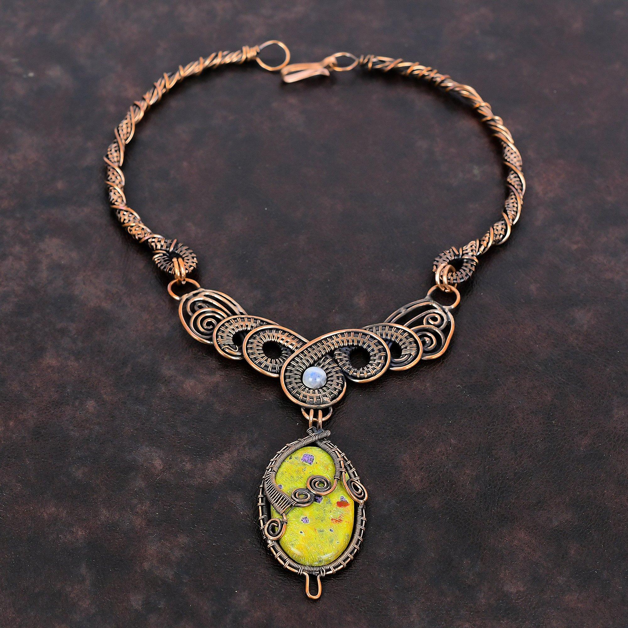 Ожерелье со стихтитом и драгоценным камнем, медная проволока, обернутое ожерелье, Радужное ожерелье из лунного камня, ожерелье ручной работы, медная проволока, ювелирные изделия, подарок на свадьбу