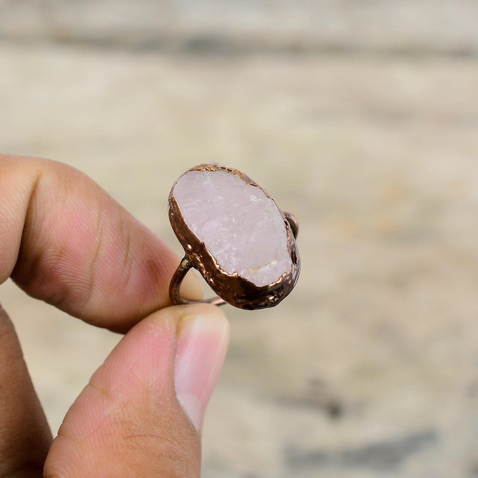 Грубое кольцо из розового кварца, медное кольцо, изготовленное гальваническим методом, оригинальные ювелирные изделия из драгоценных камней, регулируемое кольцо, кольцо ручной работы, подарок для мамы, ювелирные изделия, изготовленные гальваническим методом