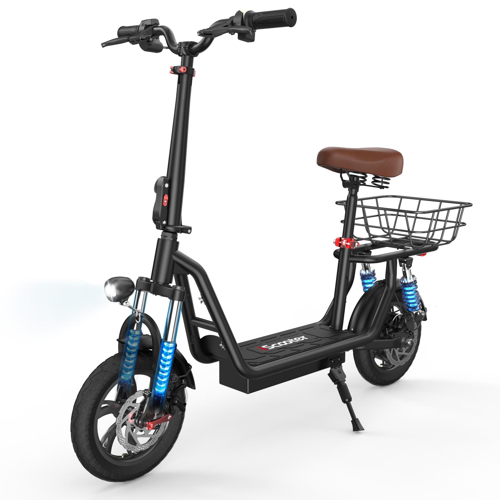 iScooter I12 Electric Scooter with Seat for Adults, 500W 12" Dual Suspensions Commuter EScooter with Basket, Height Adjustable Seat & Handlebar