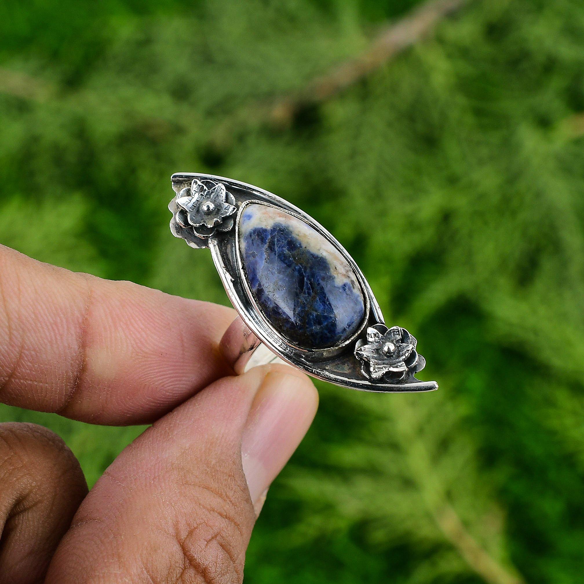 Пасхальная распродажа Содалит Камень Стерлинговое Серебро Солитер Цветок Кольцо Обещания Ювелирные Изделия