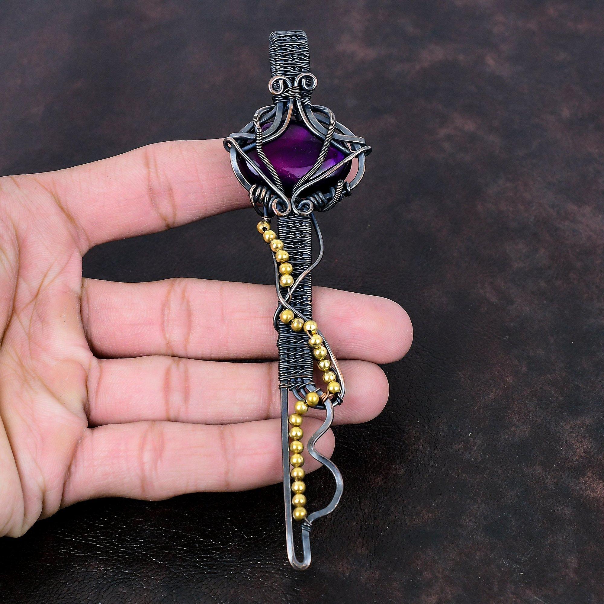 Подвеска из фиолетового огненного лабрадорита, обернутая медной проволокой, драгоценный камень, дизайнерское ювелирное изделие, подвеска-ключ ручной работы, ювелирное изделие из медной проволоки, свадебный подарок