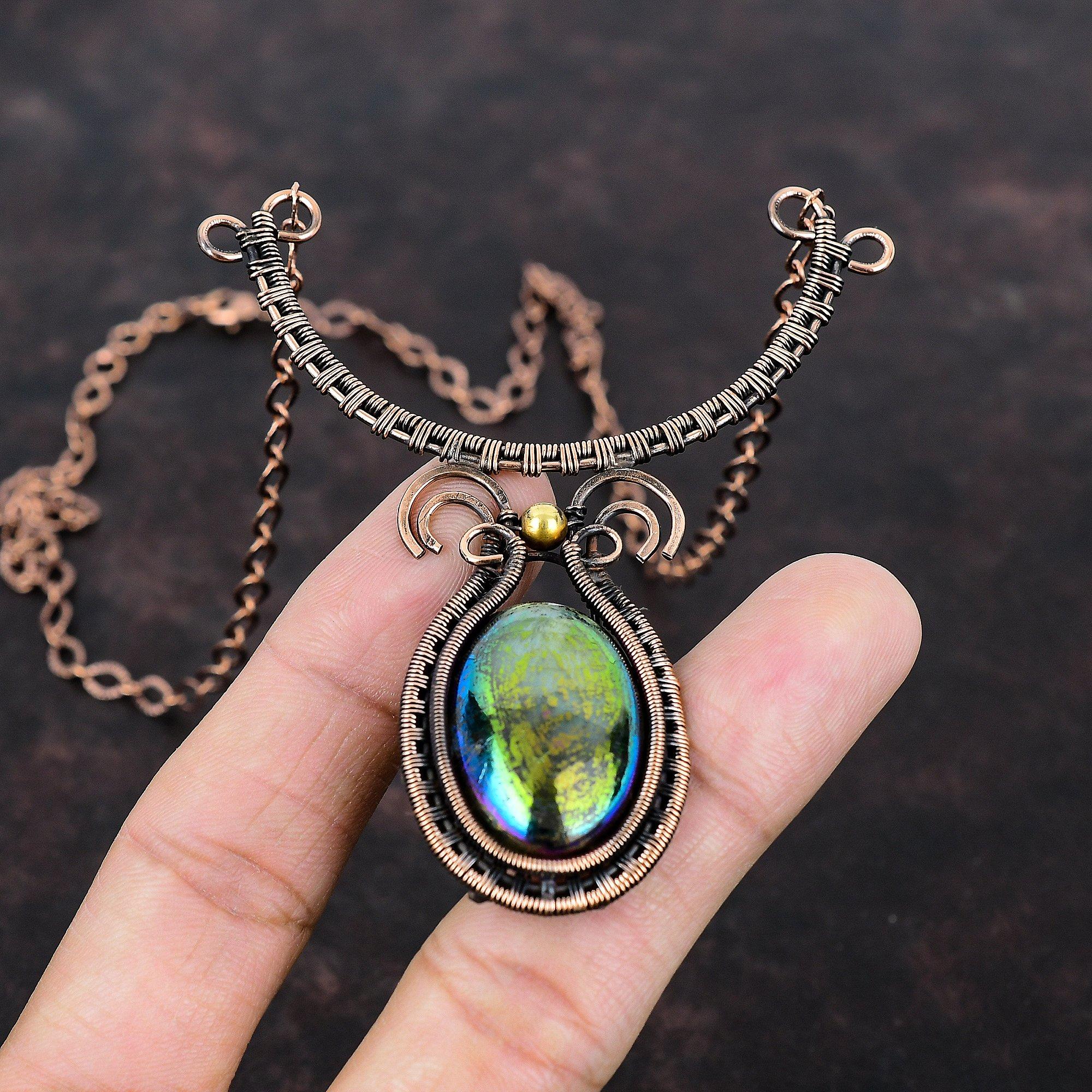 Ожерелье из лабрадорита Mystic Fire, медная проволока, ожерелье из драгоценных камней, регулируемое ожерелье, медные украшения ручной работы, уникальное ожерелье для подарка