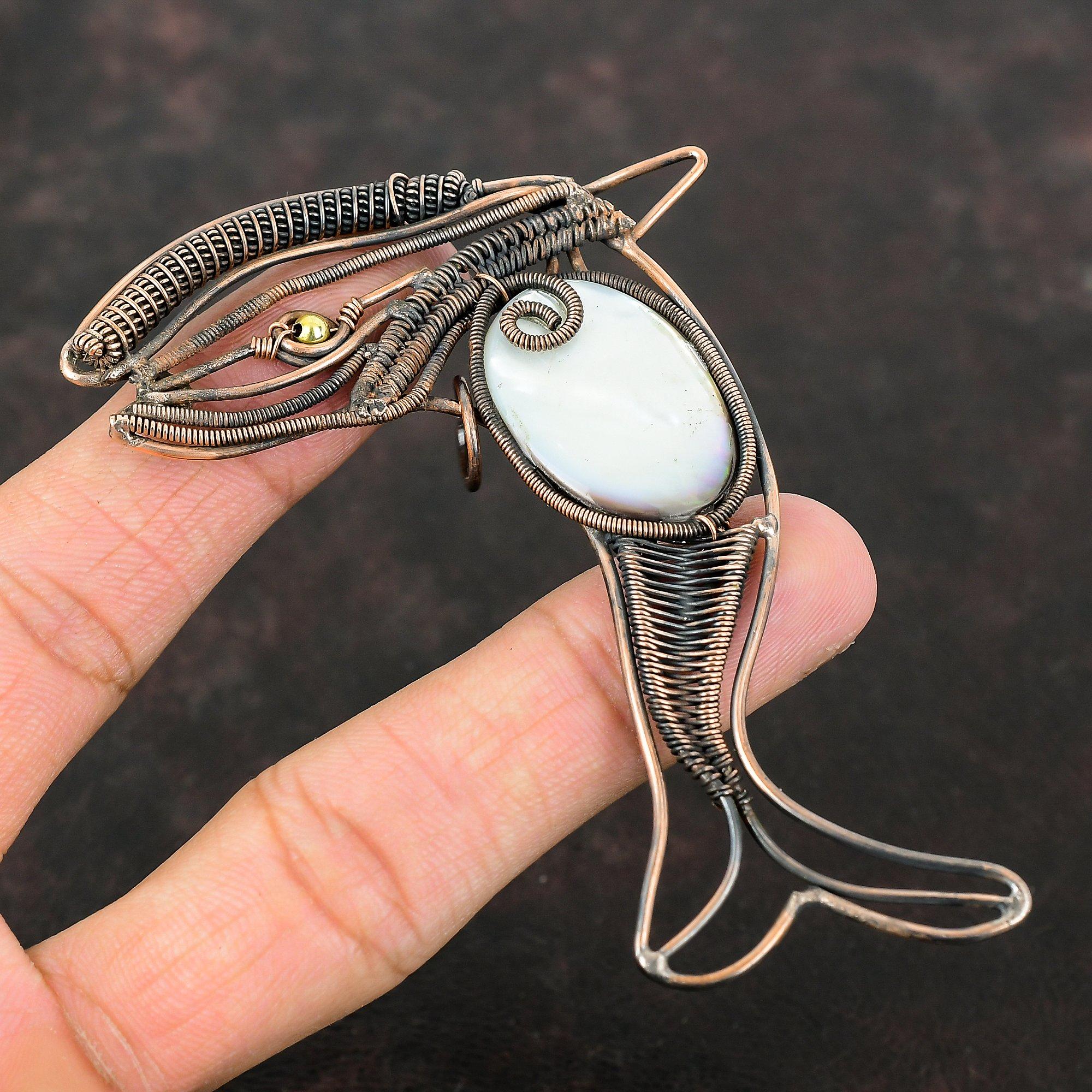 Mother Of Pearl Pendant Copper Wire Wrapped Pendant Handmade Copper Jewelry Fish Pendants Gemstone Pendant Gift For Him Wire Wrapped Jewelry