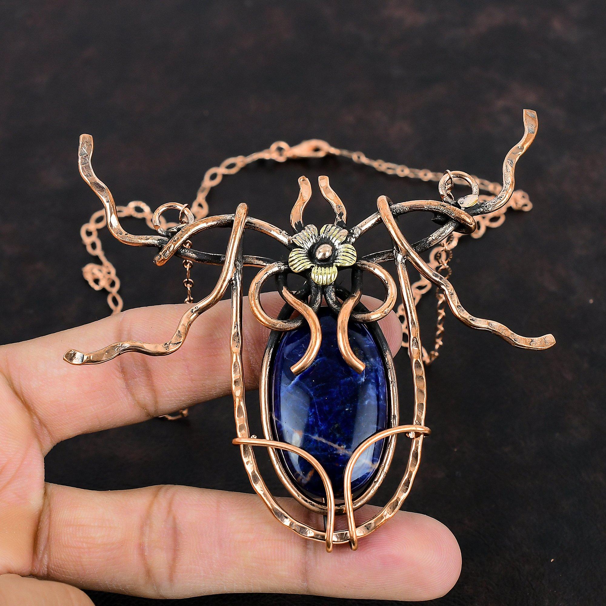 Ожерелье из содалита, ожерелье из медной проволоки, регулируемое цепочное ожерелье, ювелирные изделия из натуральных драгоценных камней, ожерелье ручной работы, медные украшения для подарков