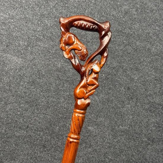 93.98 Cm Handcrafted Wooden Walking Stick Lion Hunting Gazelle Carving Stylish and Sturdy for Men, Women Best Gift for Him