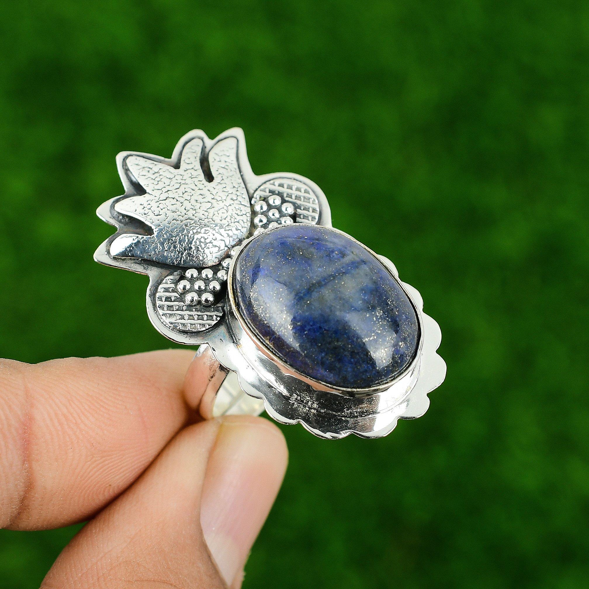 925 Sterling Silver Natural Lapis Lazuli Solitaire September Birth Ring Jewelry