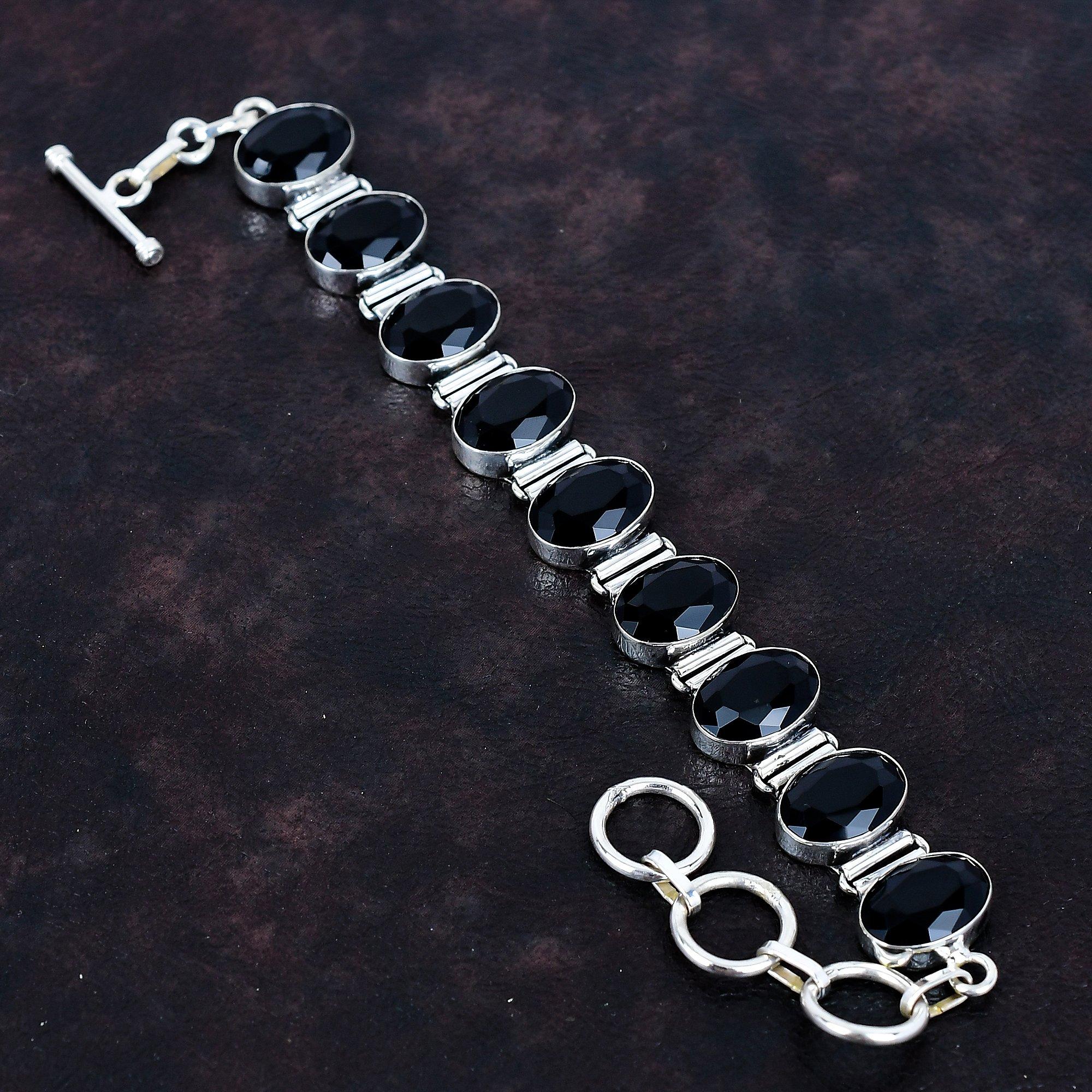 Граненый браслет из черного оникса, браслет-цепочка из стерлингового серебра 925 пробы с регулируемой длиной, антикварные украшения, браслет с драгоценным камнем, украшения ручной работы, подарки для женщин