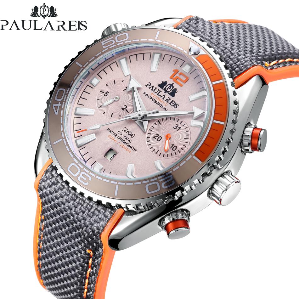 Paulareis Men Automatic Self Wind Mechanical Canvas Rubber Strap Orange Blue Red Multifunction Date Month Watch