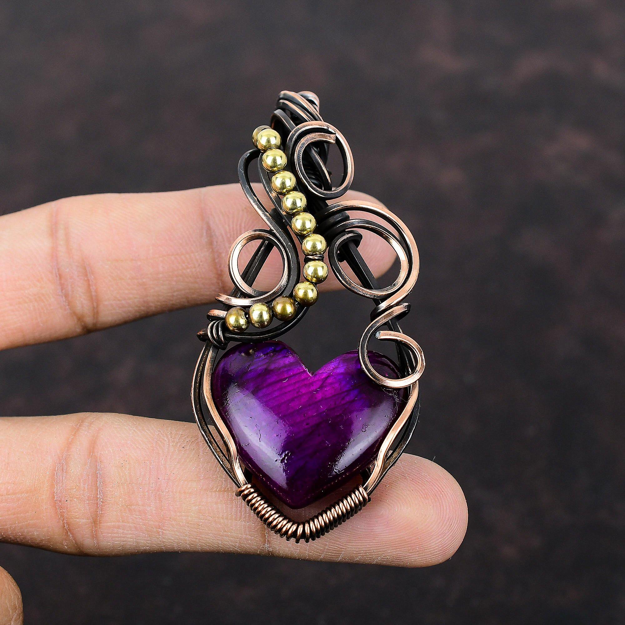 Фиолетовый огненный лабрадорит Кулон Медная проволока, обернутая драгоценным камнем Кулон Ручной работы Медные ювелирные изделия Дизайнерский кулон Проволочная обмотка Ювелирный подарок для него