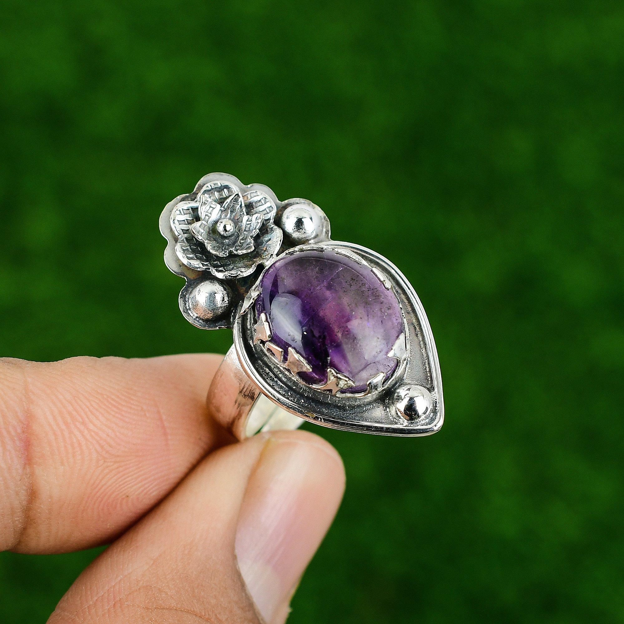 Multi Stone Flower Adjustable Ring 925 Silver Natural Star Amethyst