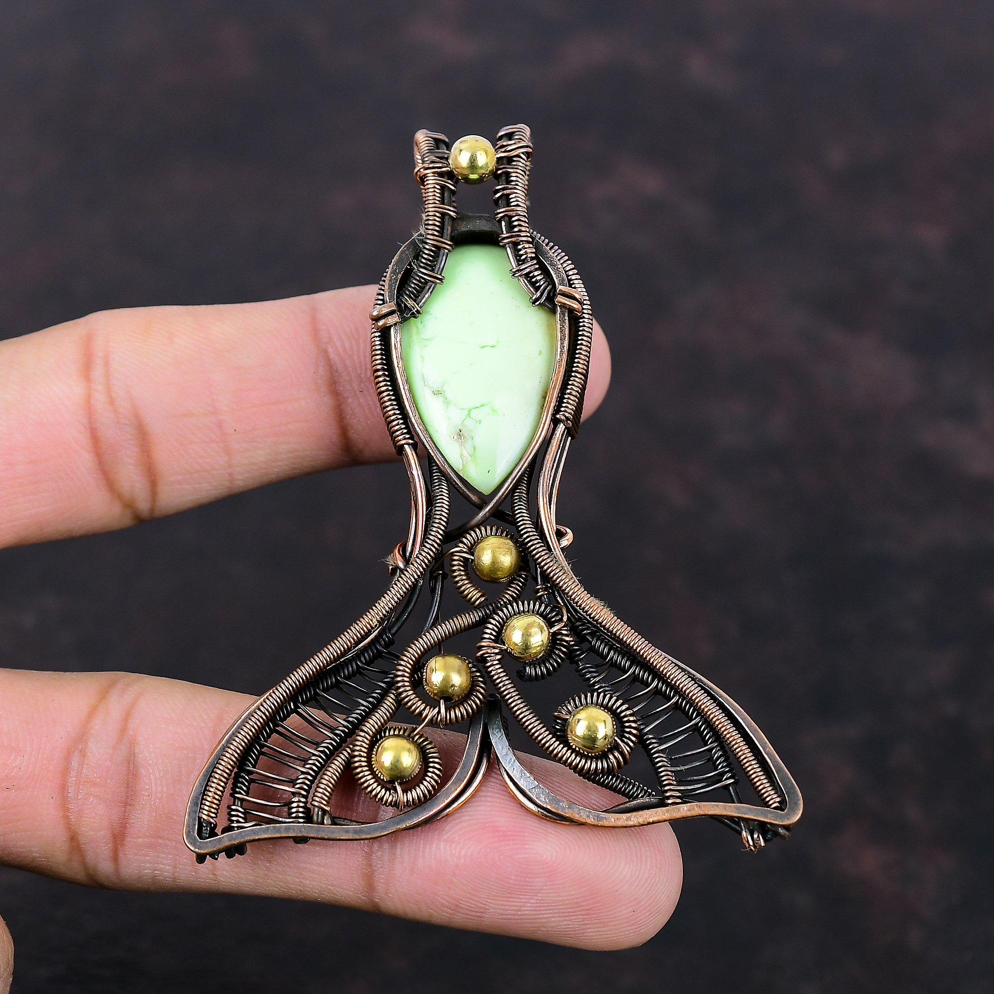 Подвеска из лимонного хризопраза, медная проволока, обернутая ювелирными изделиями, подвеска из драгоценных камней, женская бижутерия, ручная работа, подвеска из медной проволоки, подвеска в виде рыбы для подарка
