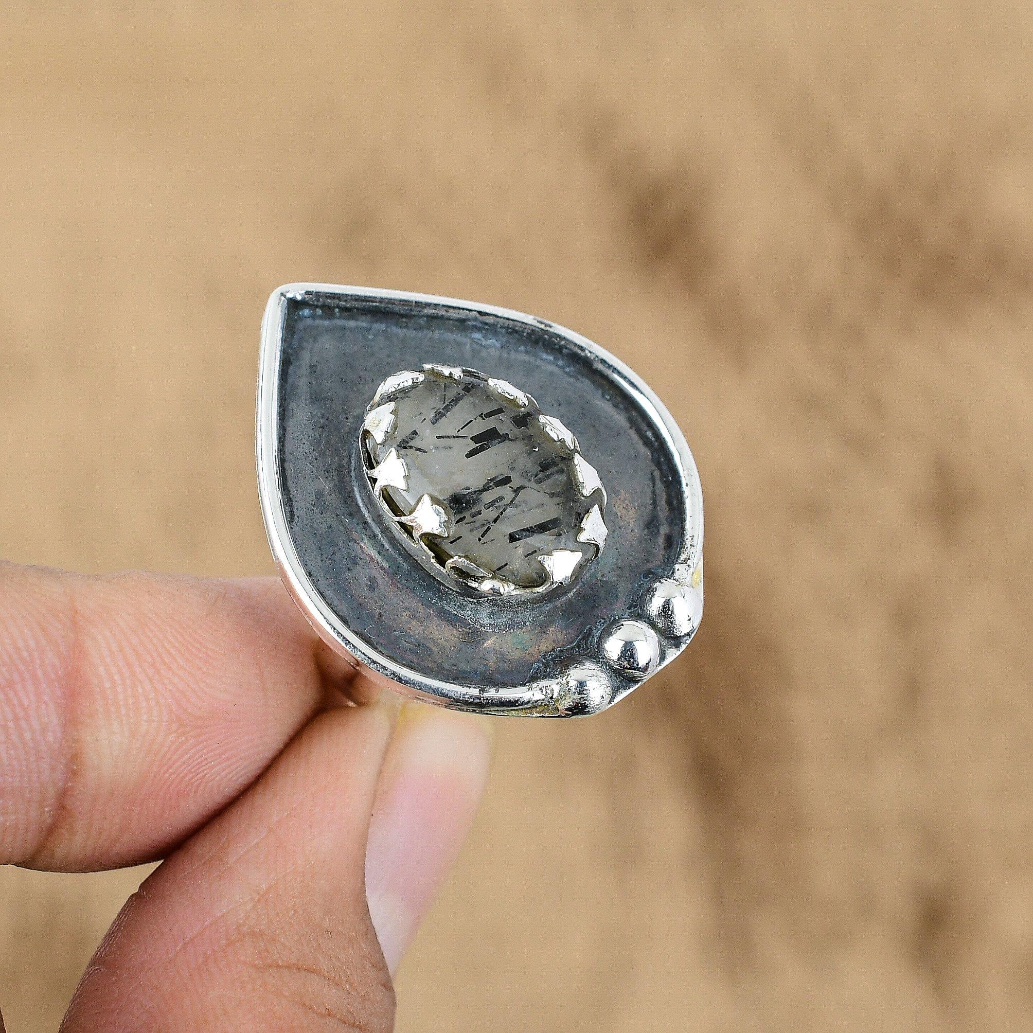 Сделка ко Дню матери Кольцо из стерлингового серебра с натуральным черным рутилом и мультикамнями