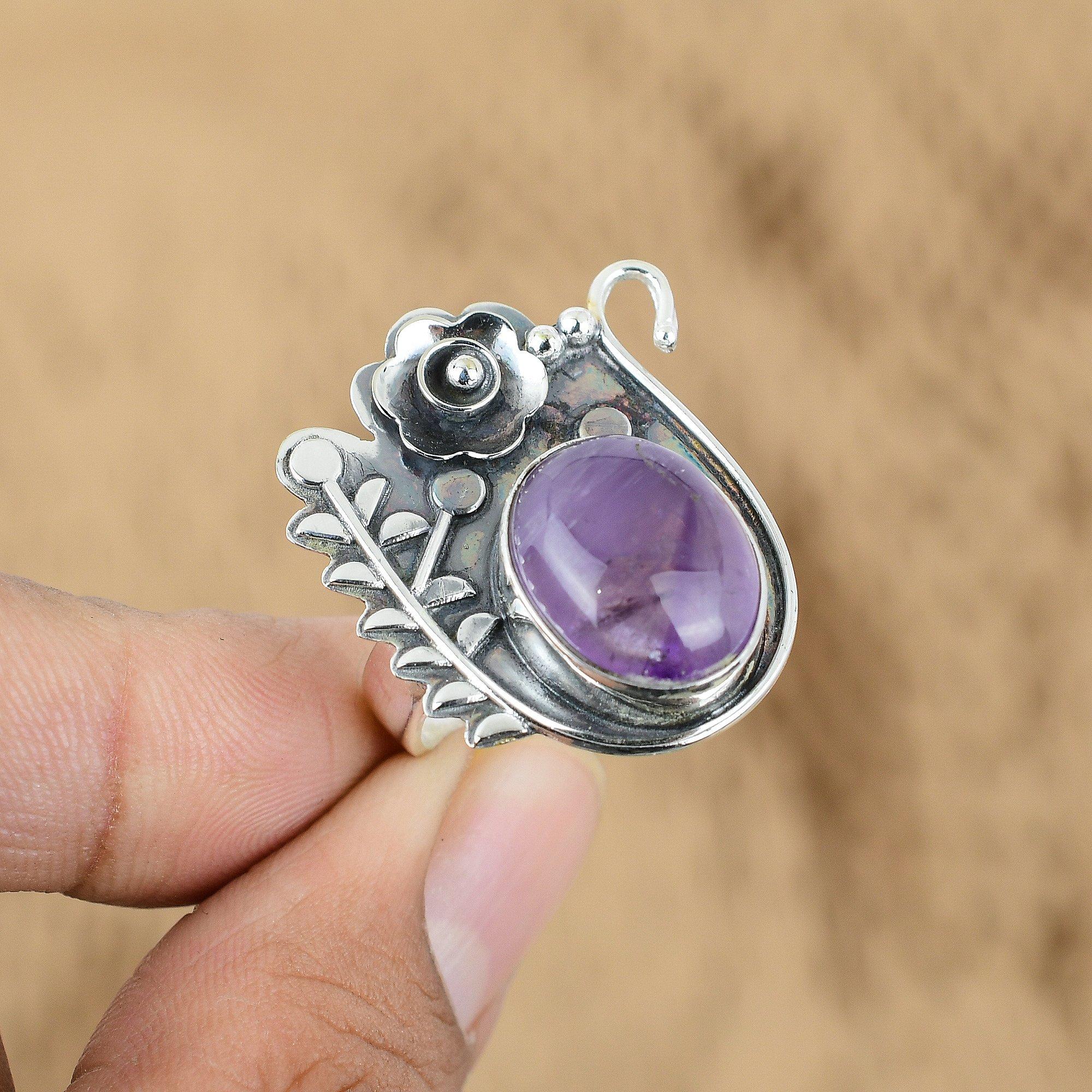 925 Silver February Birth African Amethyst Gemstone Flower Ethnic Ring Jewelry