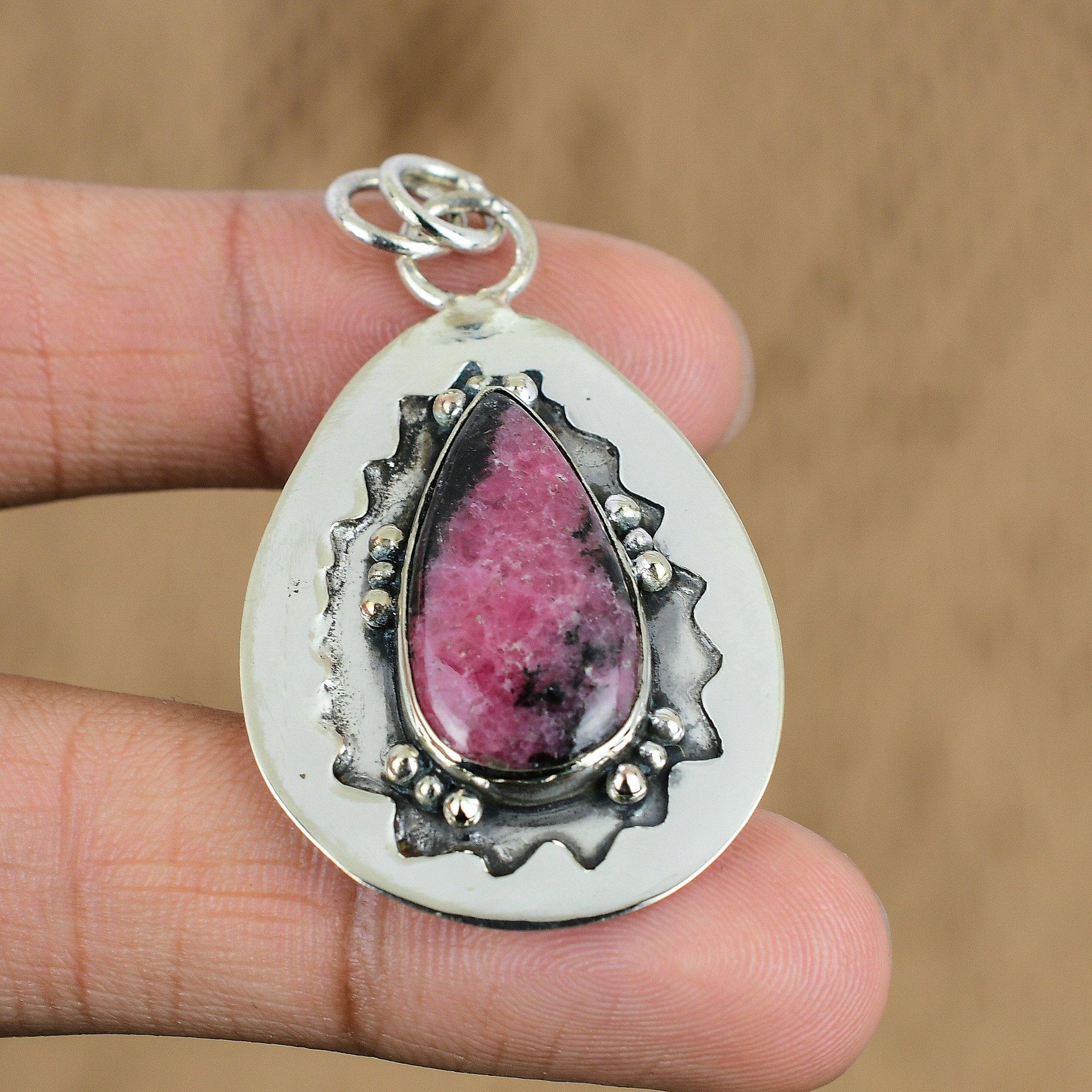 Подвеска из натурального родонита, ручная работа, серебро 925 пробы, индийские украшения