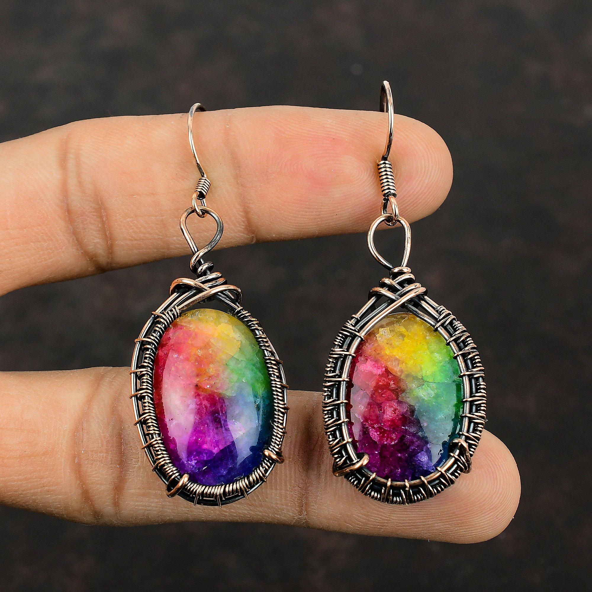 Радужные солнечные кварцевые серьги-друзы, серьги из медной проволоки, серьги ручной работы, ювелирные изделия из драгоценных камней, висячие серьги, медная проволока, ювелирные изделия, подарок для женщин