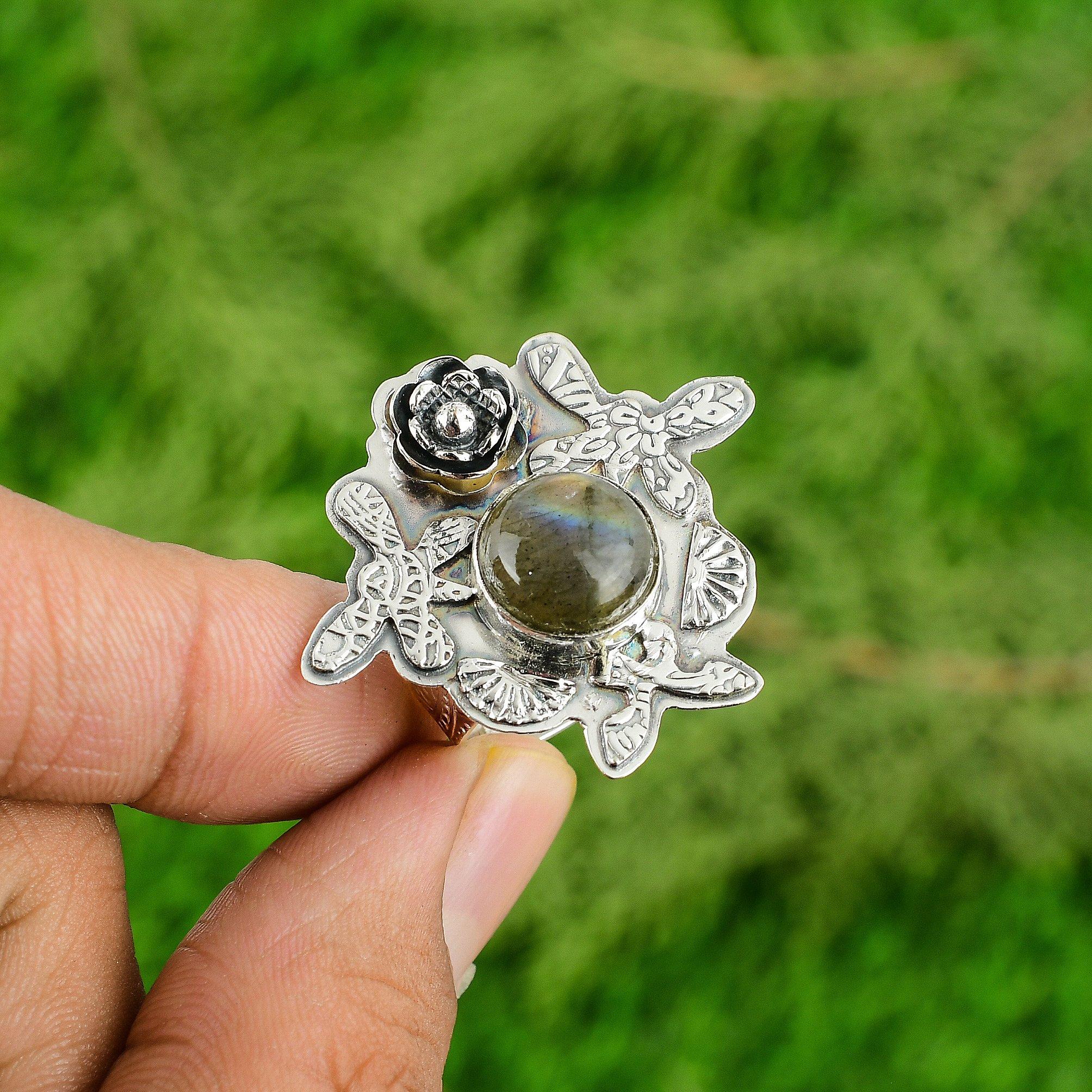 Стерлинговое серебро Натуральный лабрадорит Помолвочное Заявление Цветок Новый Кольцо Ювелирные изделия
