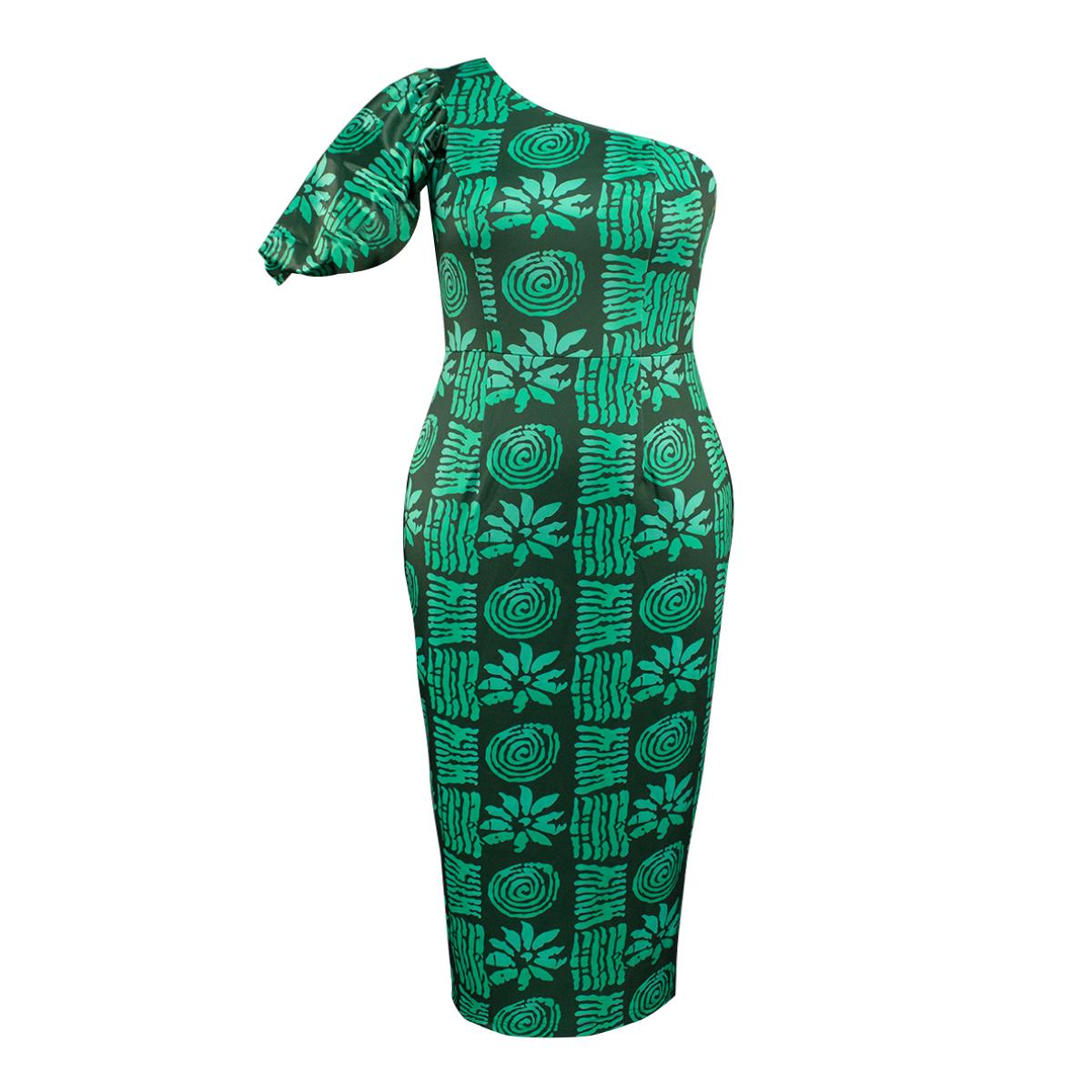 AOMEI Зеленые платья с принтом для женщин, облегающее платье на одно плечо с высокой талией, африканские танцевальные вечерние платья для свиданий, женские платья большого размера