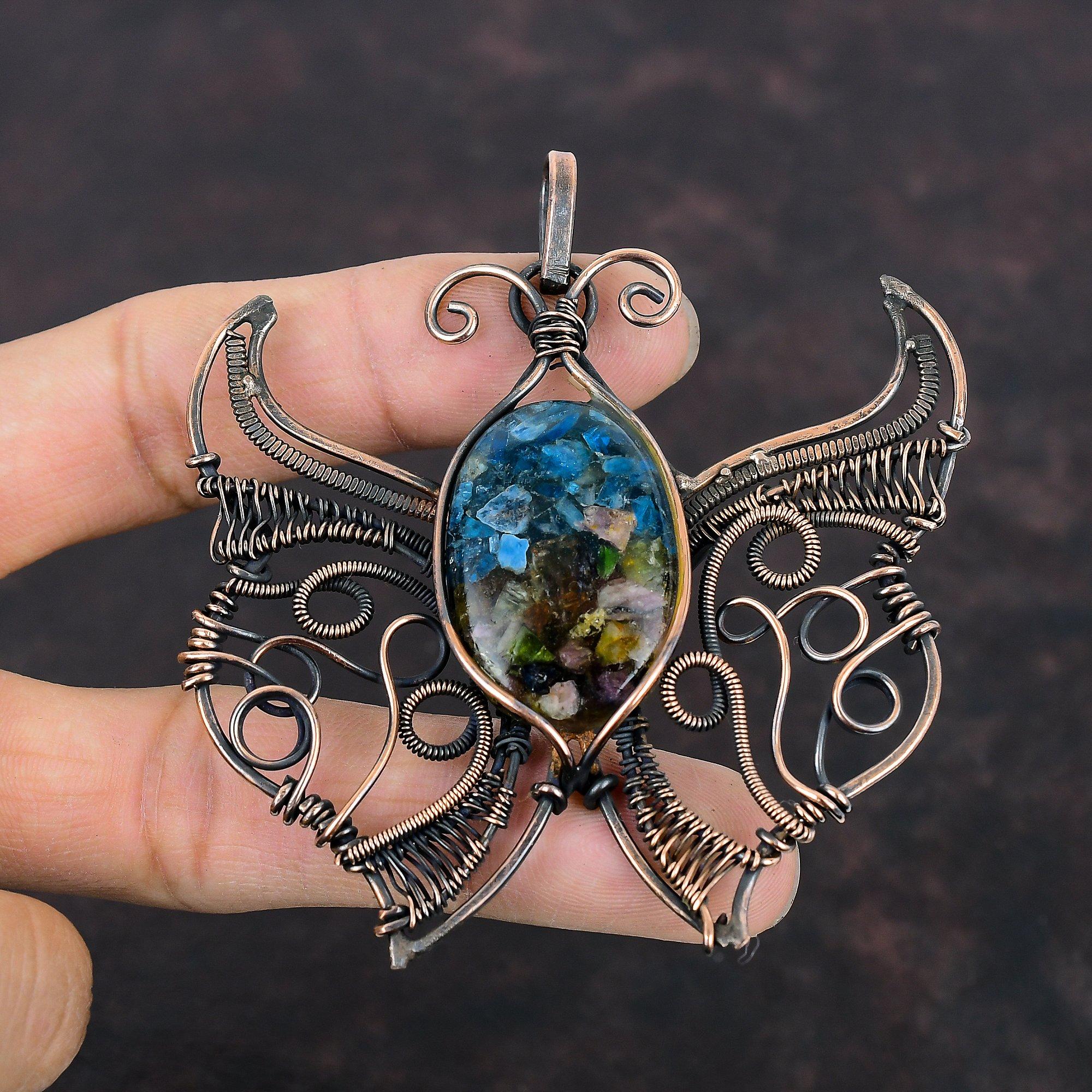 Подвеска из турмалина-арбуза, подвеска, обмотанная медной проволокой, подвеска ручной работы из натурального драгоценного камня, медные украшения, подвеска-бабочка, украшения в технике wire wrap