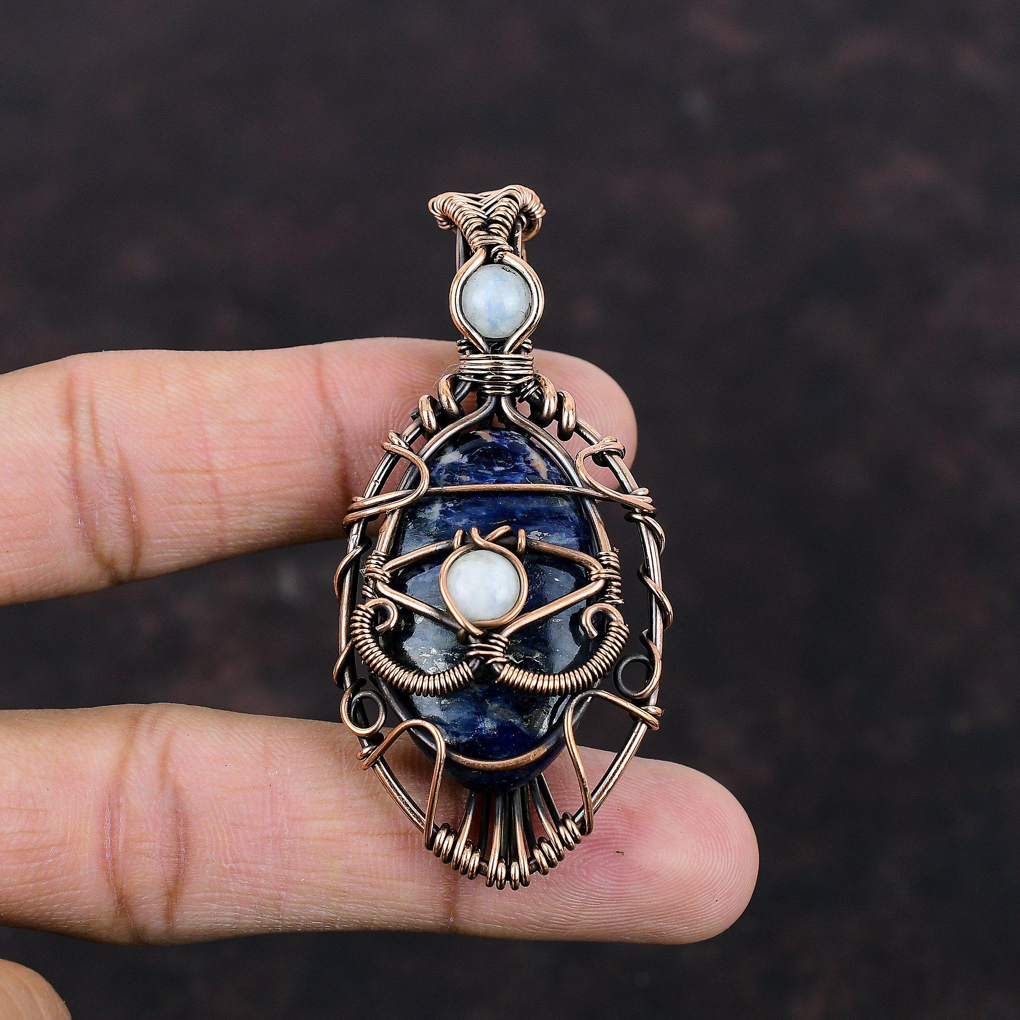 Подвеска с содалитом от сглаза, подвеска из медной проволоки, изящное ювелирное изделие из драгоценных камней, подвеска из радужного лунного камня, подарок для нее, ювелирное изделие из меди ручной работы