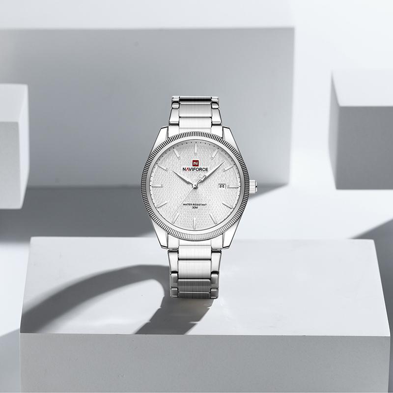 Naviforce Оригинальные простые мужские часы с календарем, кварцевый механизм, люминесцентные стрелки, водонепроницаемость 3 АТМ, ремешок из нержавеющей стали, мужские часы NF9276S