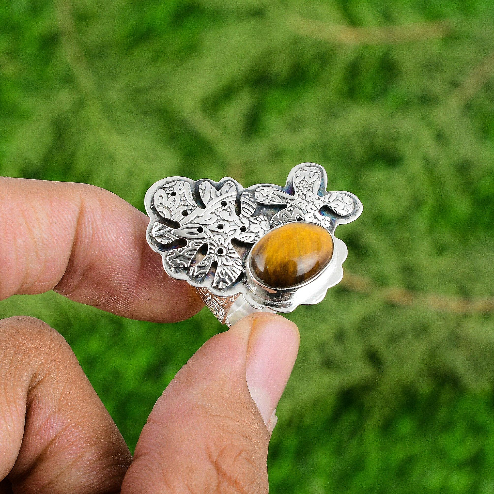 Wedding Gift For Her 925 Silver Natural TigerS Eye Statement Adjustable Ring