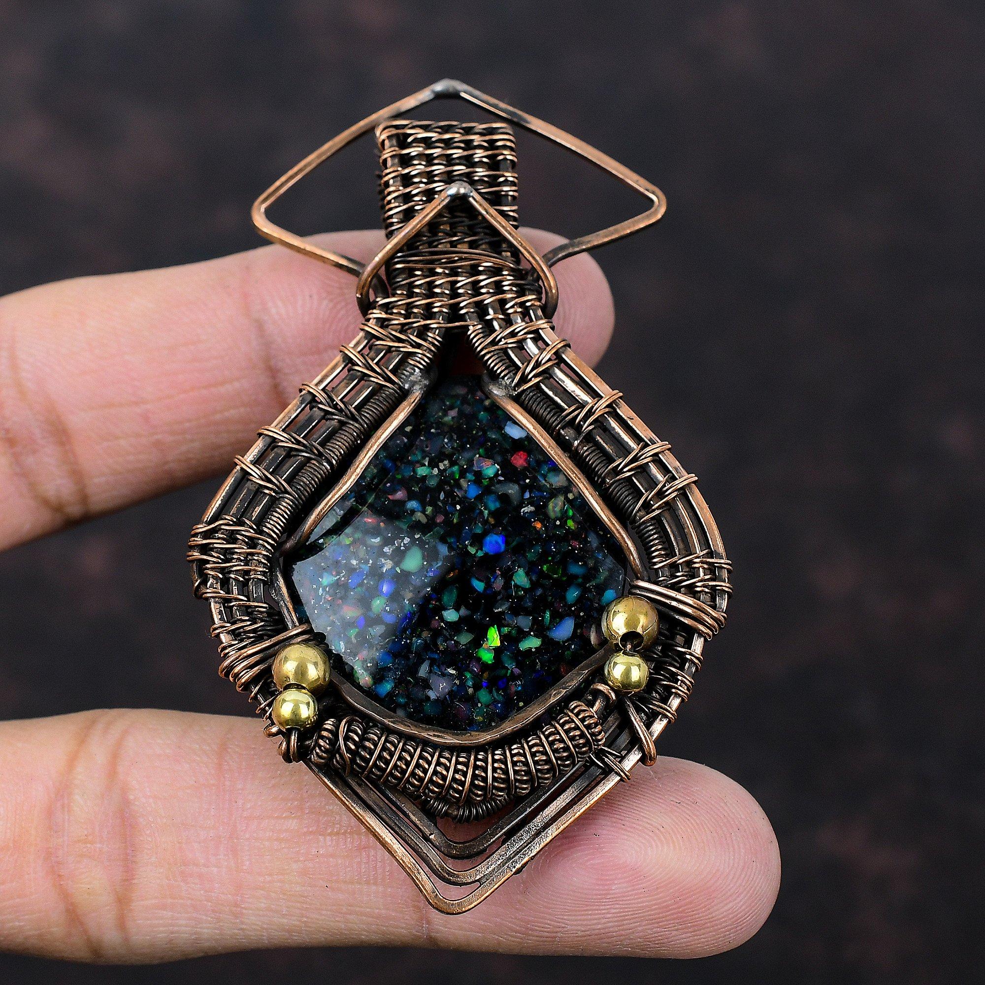 Черный эфиопский опал драгоценный камень кулон медная проволока обернутый кулон ручной работы медные украшения дизайнерский кулон проволочная обертка ювелирные изделия подарок для матери