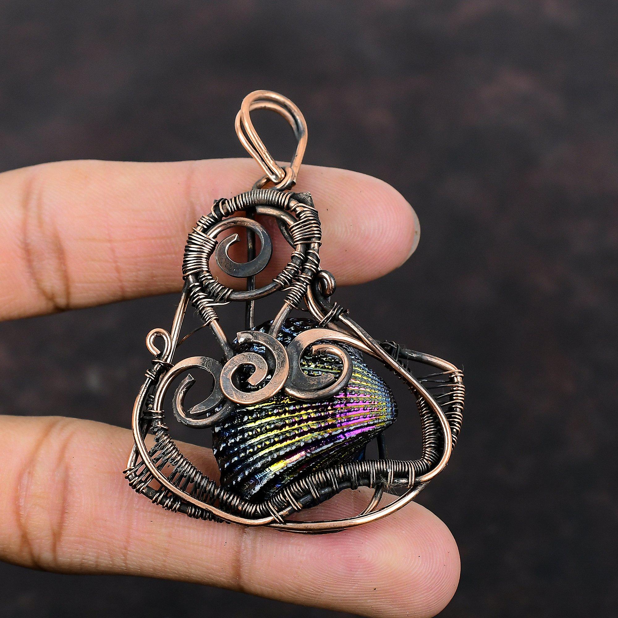 Подвеска в виде ракушки с титановым покрытием, подвеска из медной проволоки, элегантное ювелирное изделие ручной работы, подвеска из драгоценного камня, антикварная медная подвеска для женщин