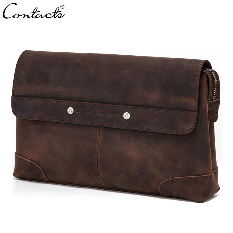 CONTACT'S Men Clutch Bags Crazy Horse Leather Long Wallet Men Large Capacity Hand Bag Male Purse With Phone Pocket