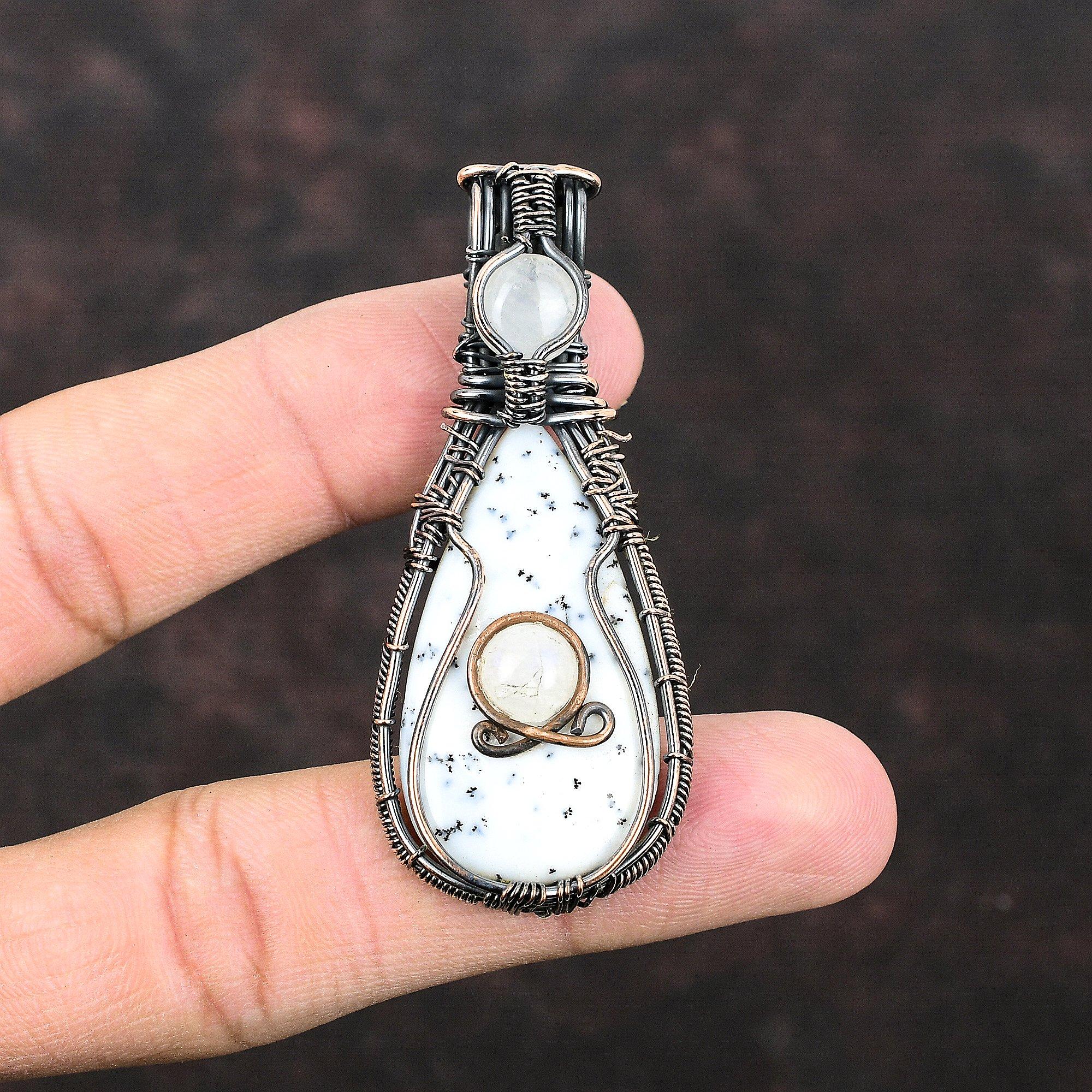 Подвеска из опала дендрита, обернутая медной проволокой, подвеска из лунного камня, обернутая ювелирным изделием, подвеска из меди ручной работы, достойные ювелирные изделия из драгоценных камней для подарка