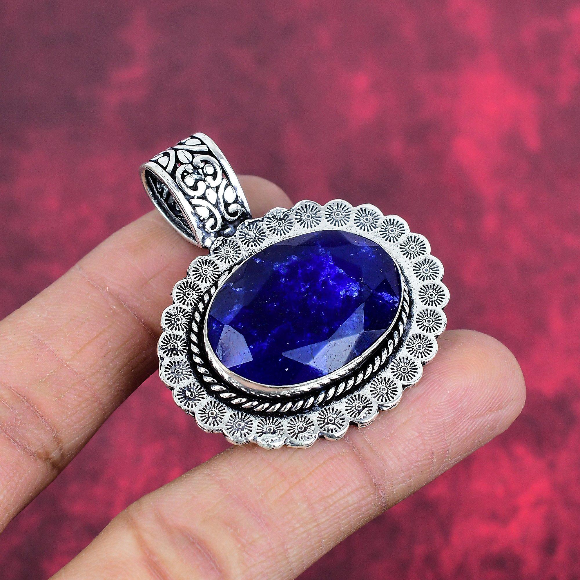 Подвеска с синим сапфиром, подвеска из драгоценного камня ручной работы, подвеска из стерлингового серебра 925 пробы, антикварные ювелирные изделия, для подарка на помолвку