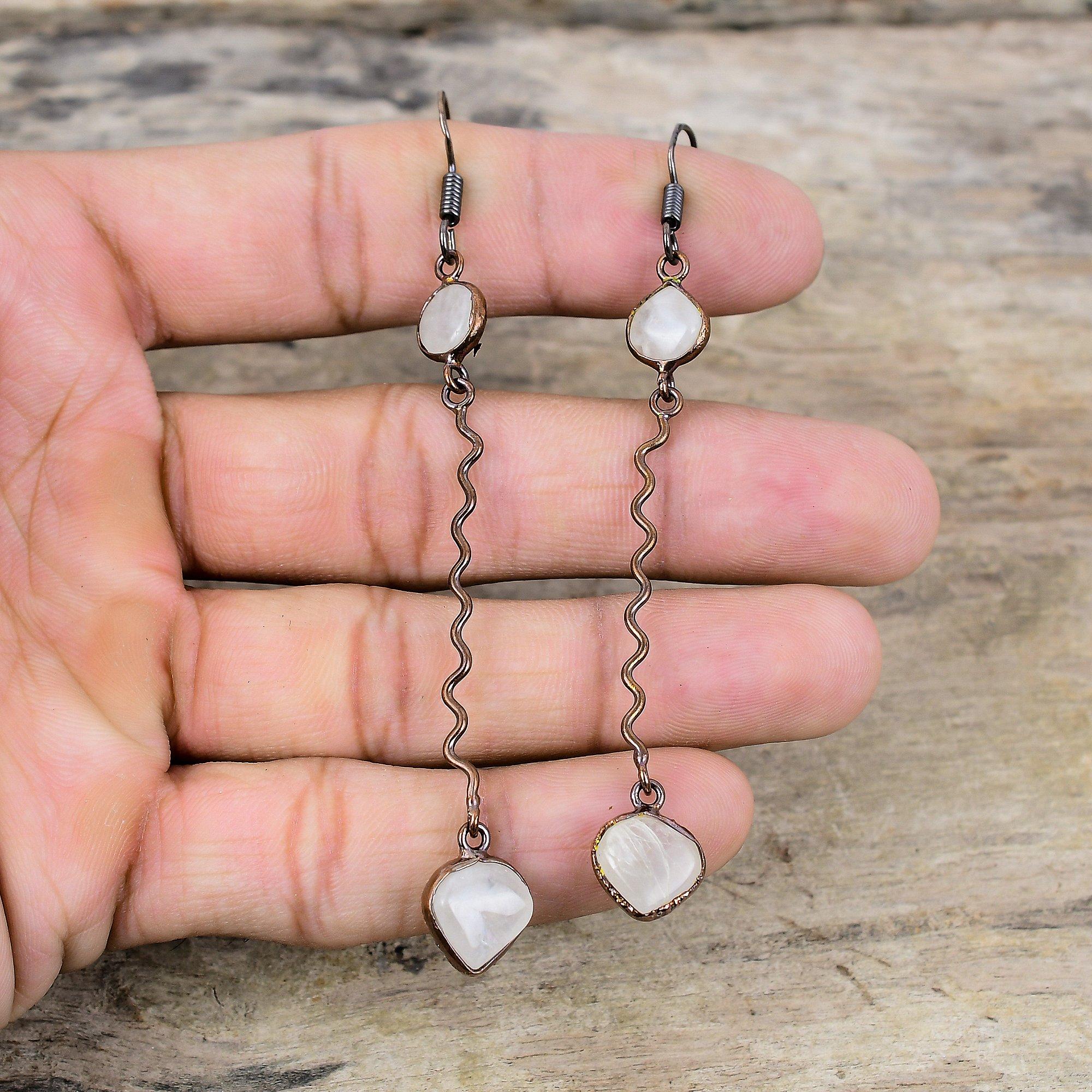 Серьги из радужного лунного камня, медные серьги из гальванопластики, серьги из настоящего драгоценного камня, ювелирные изделия из гальванопластики, серьги ручной работы, медные украшения для подарка