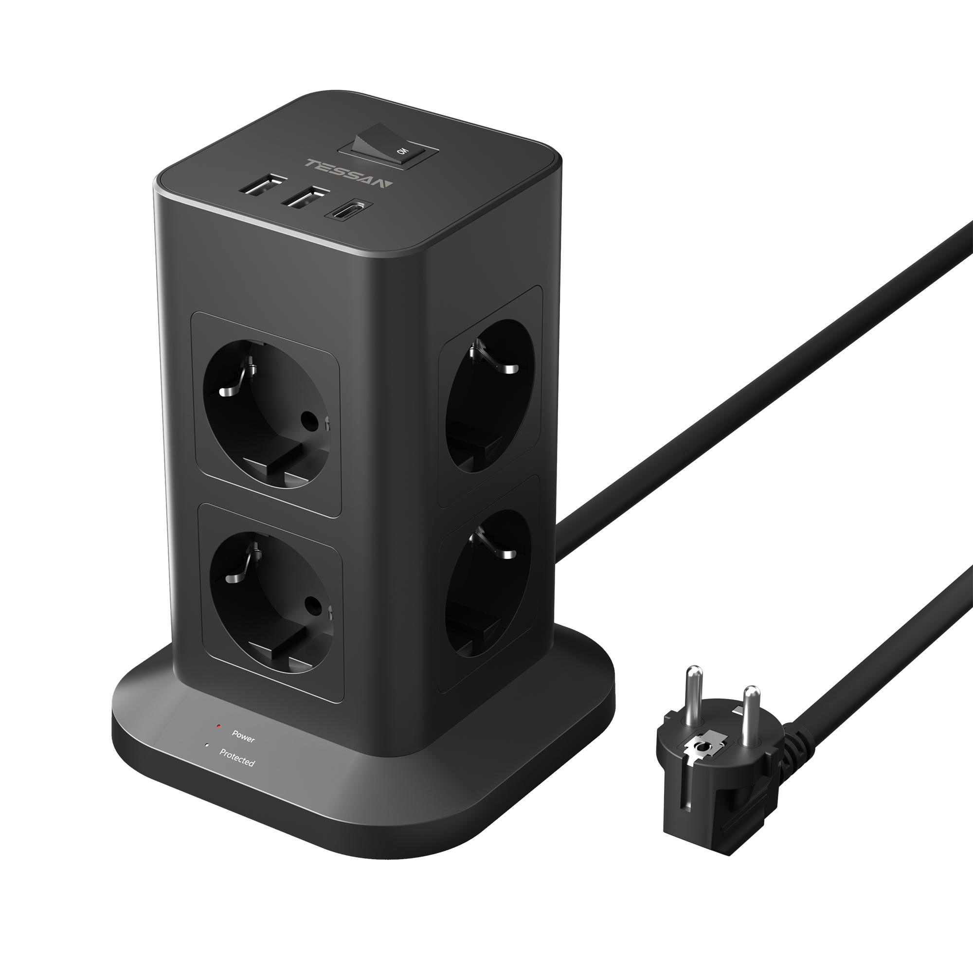 Tessan Сетевой фильтр Tower с удлинителем USB 2M, черный вертикальный сетевой фильтр Tower с защитой от перенапряжения, розетка EU Plug Tower