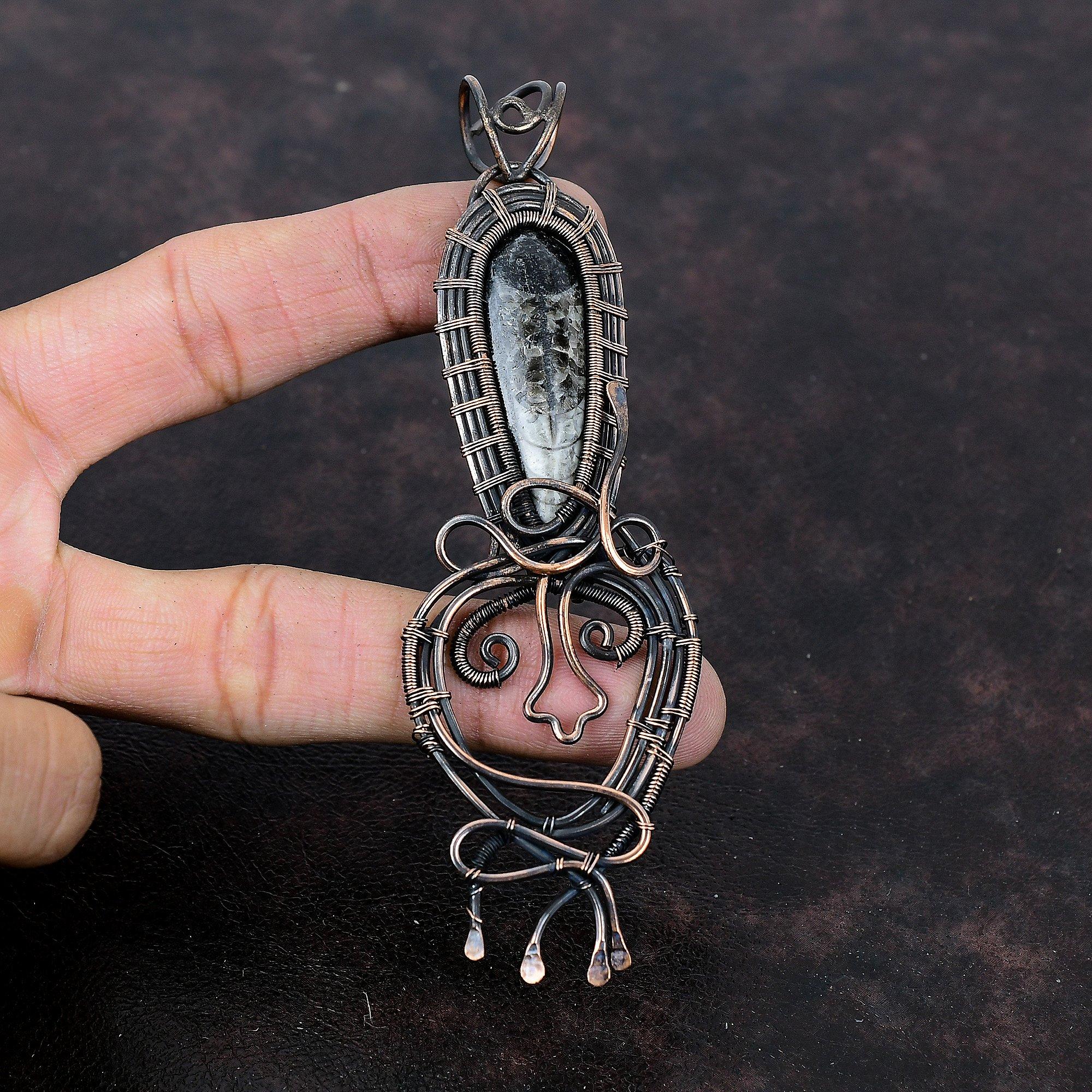 Подвеска Orthoceras Fossil, подвеска из медной проволоки, подвеска ручной работы, изящная медная бижутерия, подвеска для женщин, подвеска из драгоценных камней, подарок для него