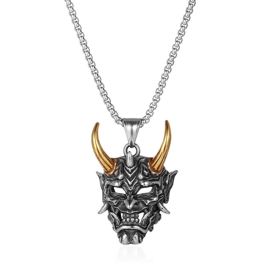 Mens Stainless Steel Necklace Fangs Demon Mask Pendant Retro Gothic Punk Style Skull Jewelry Gift