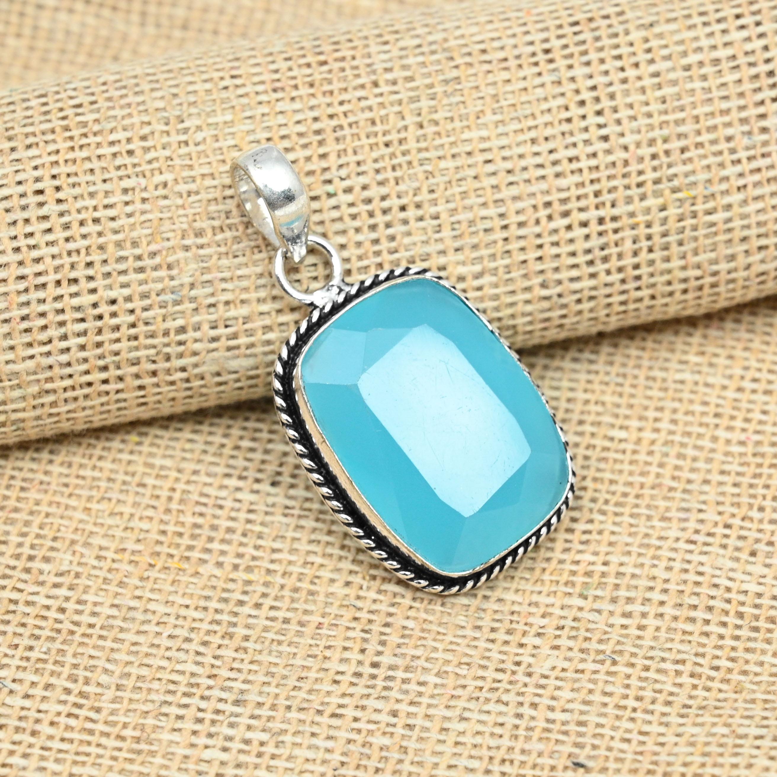 Стерлингового серебра 925 пробы Синий халцедон Драгоценный камень Ювелирные изделия ручной работы Изысканный кулон