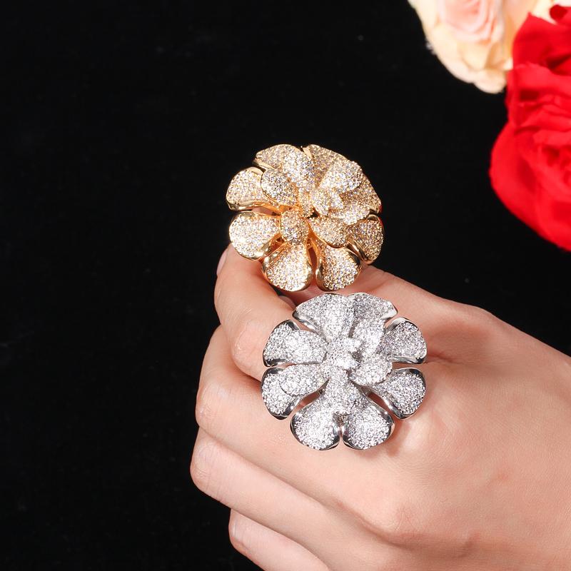 CMM Luxury Cubic Zirconia Nigerian Gold Color Statement Large Flower Finger Rings For Women Wedding Prom Jewelry