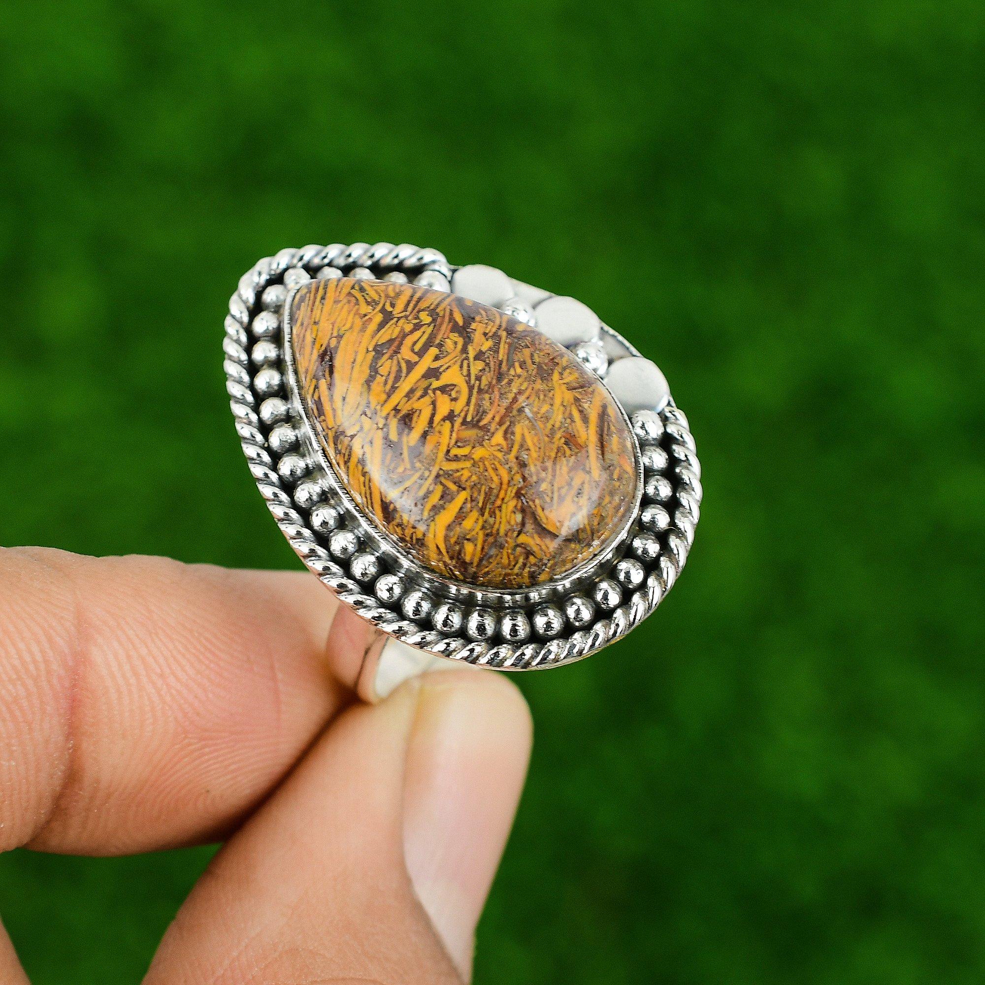 Natural Mariam Jasper Gemstone Statement Adjustable Ring 925 Silver For Girls