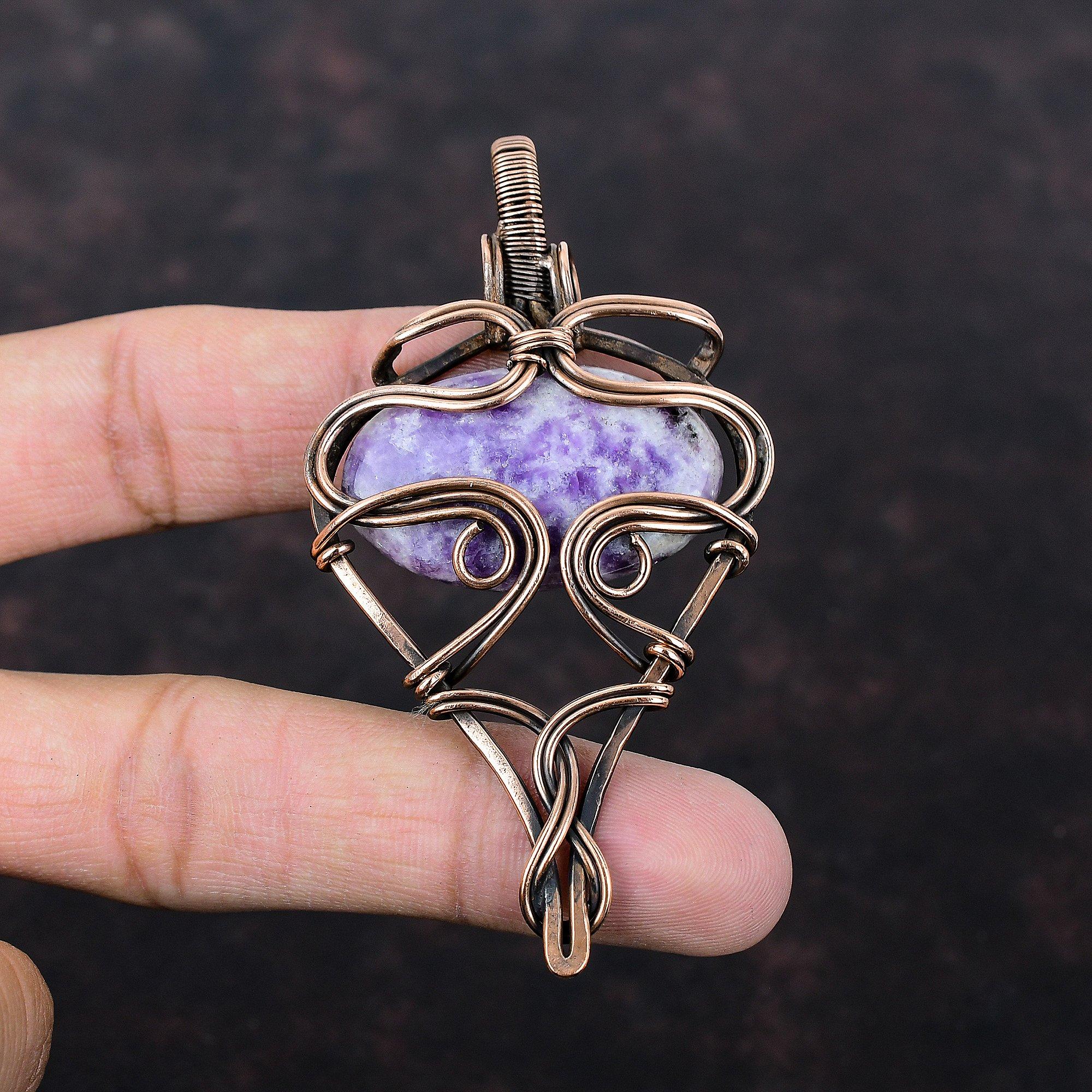 Кулон из лепидолита, обмотанный медной проволокой, Ювелирные изделия ручной работы, Настоящий лепидолит, Кулон, обмотанный медной проволокой, Подарок для мамы