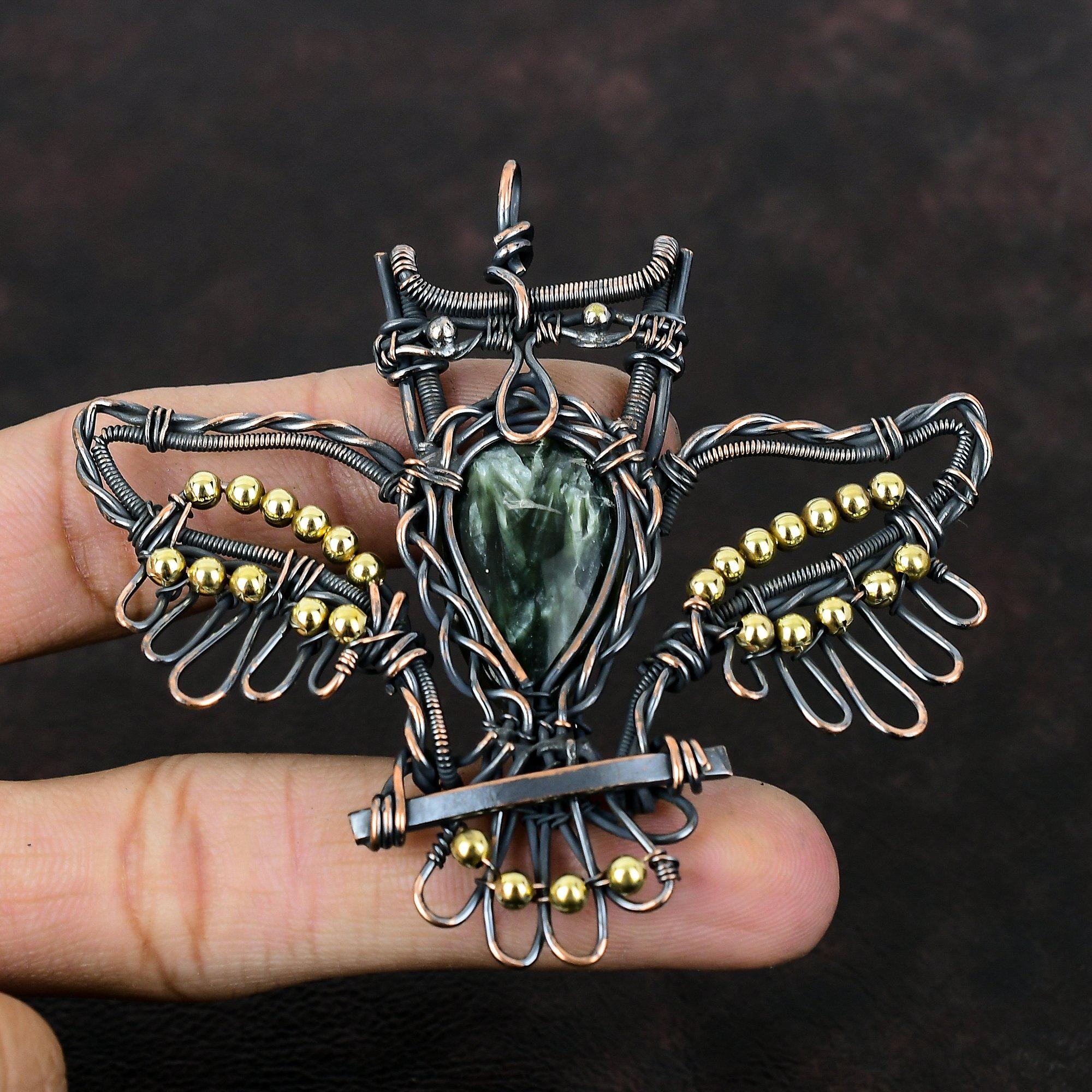 Подвеска серафинит, медная проволочная обертка, подвеска в виде совы, драгоценный камень, медные украшения, подарок для мамы, подвеска ручной работы в стиле бохо, проволочная обертка